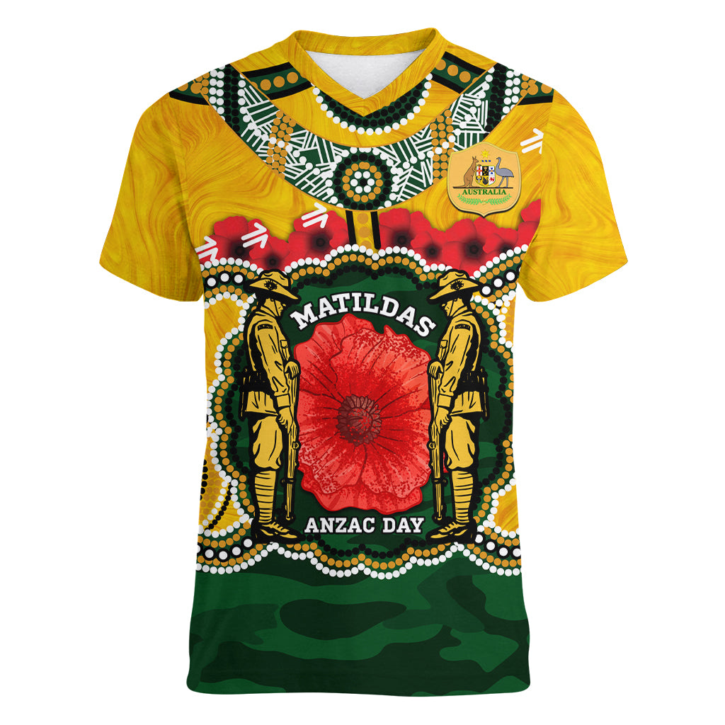 Matildas ANZAC Day 2024 Women V Neck T Shirt Australian Army We Will Remember Them Aboriginal Art - Vibe Hoodie Shop