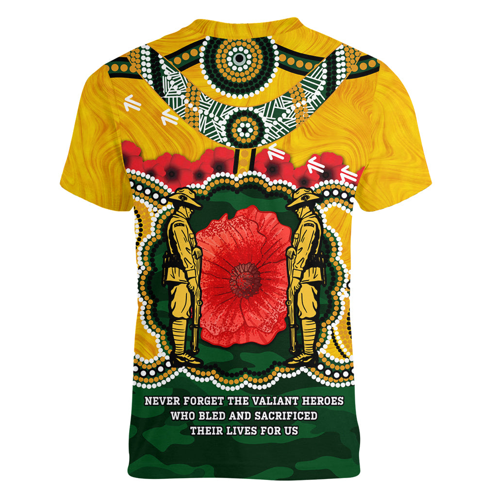 Matildas ANZAC Day 2024 Women V Neck T Shirt Australian Army We Will Remember Them Aboriginal Art - Vibe Hoodie Shop