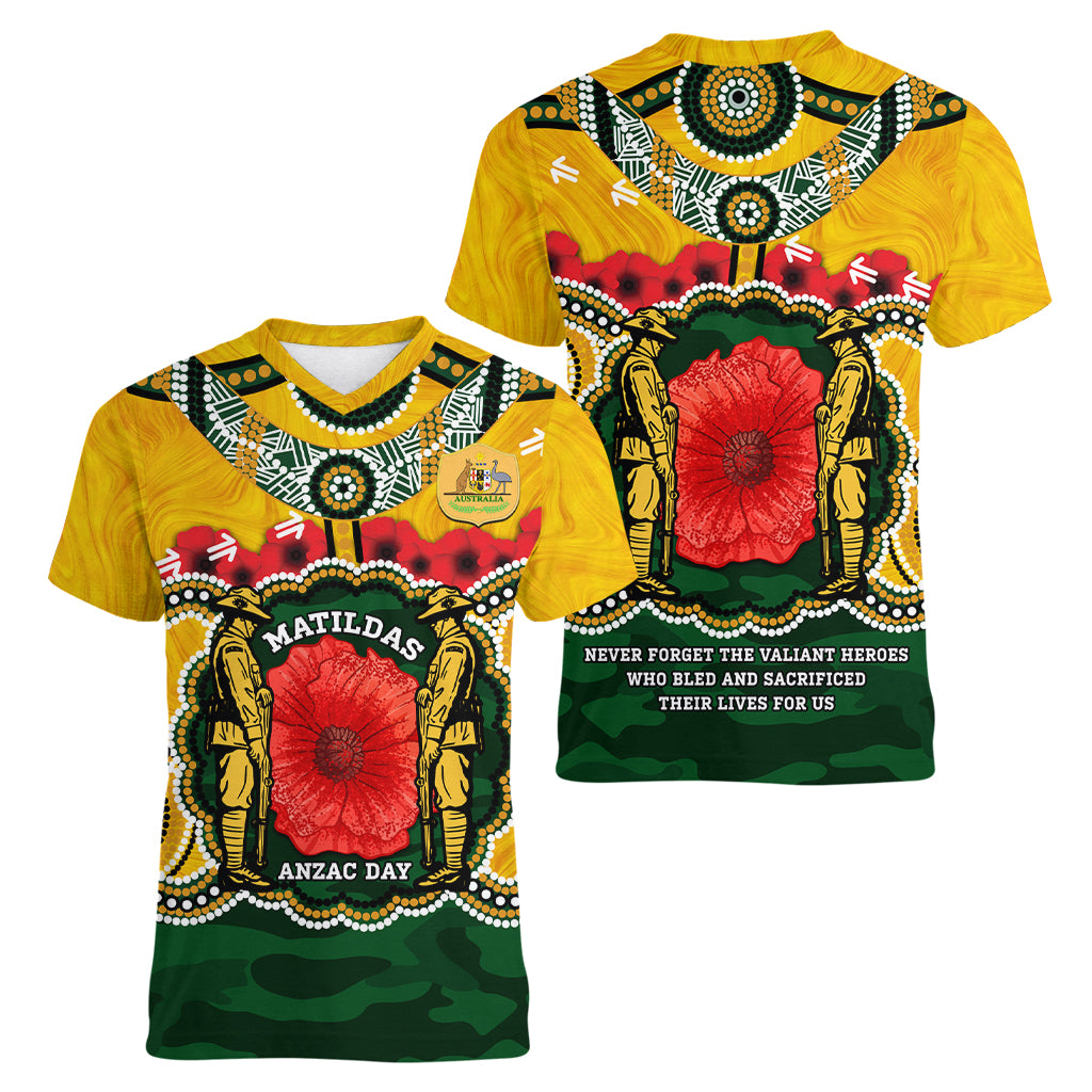 Matildas ANZAC Day 2024 Women V Neck T Shirt Australian Army We Will Remember Them Aboriginal Art - Vibe Hoodie Shop