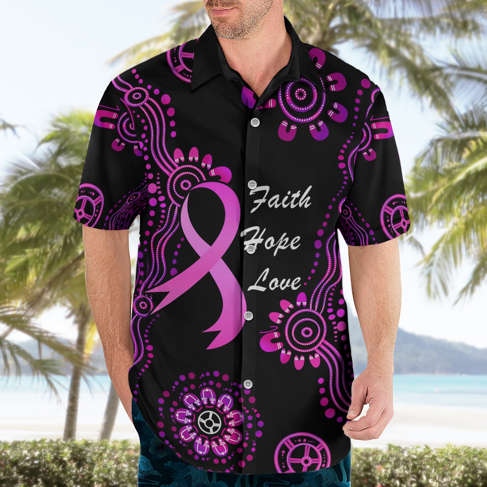 Personalised Faith Hope Love Australia Breast Cancer Hawaiian Shirt Pink Ribbon Indigenous - Vibe Hoodie Shop