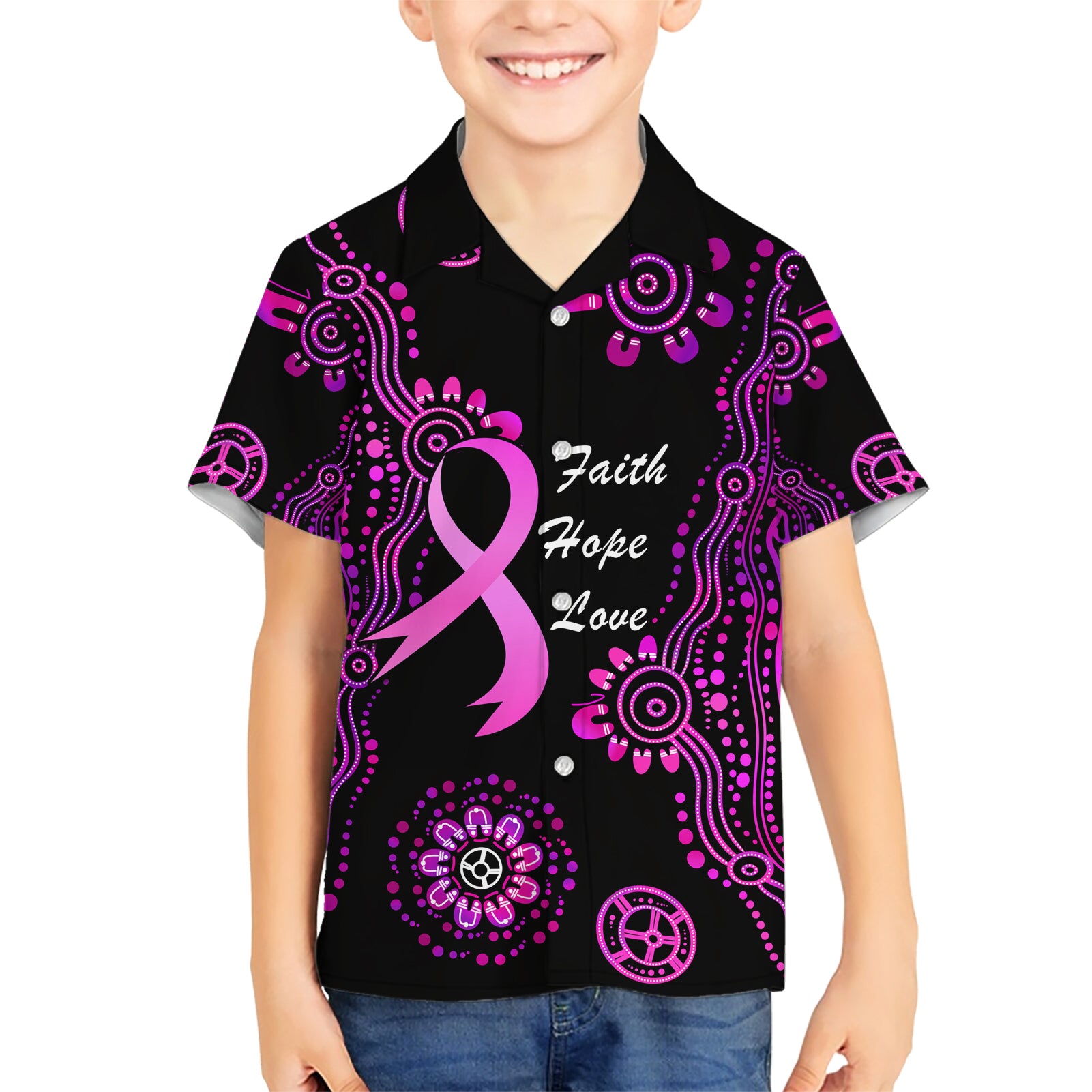 Personalised Faith Hope Love Australia Breast Cancer Hawaiian Shirt Pink Ribbon Indigenous - Vibe Hoodie Shop