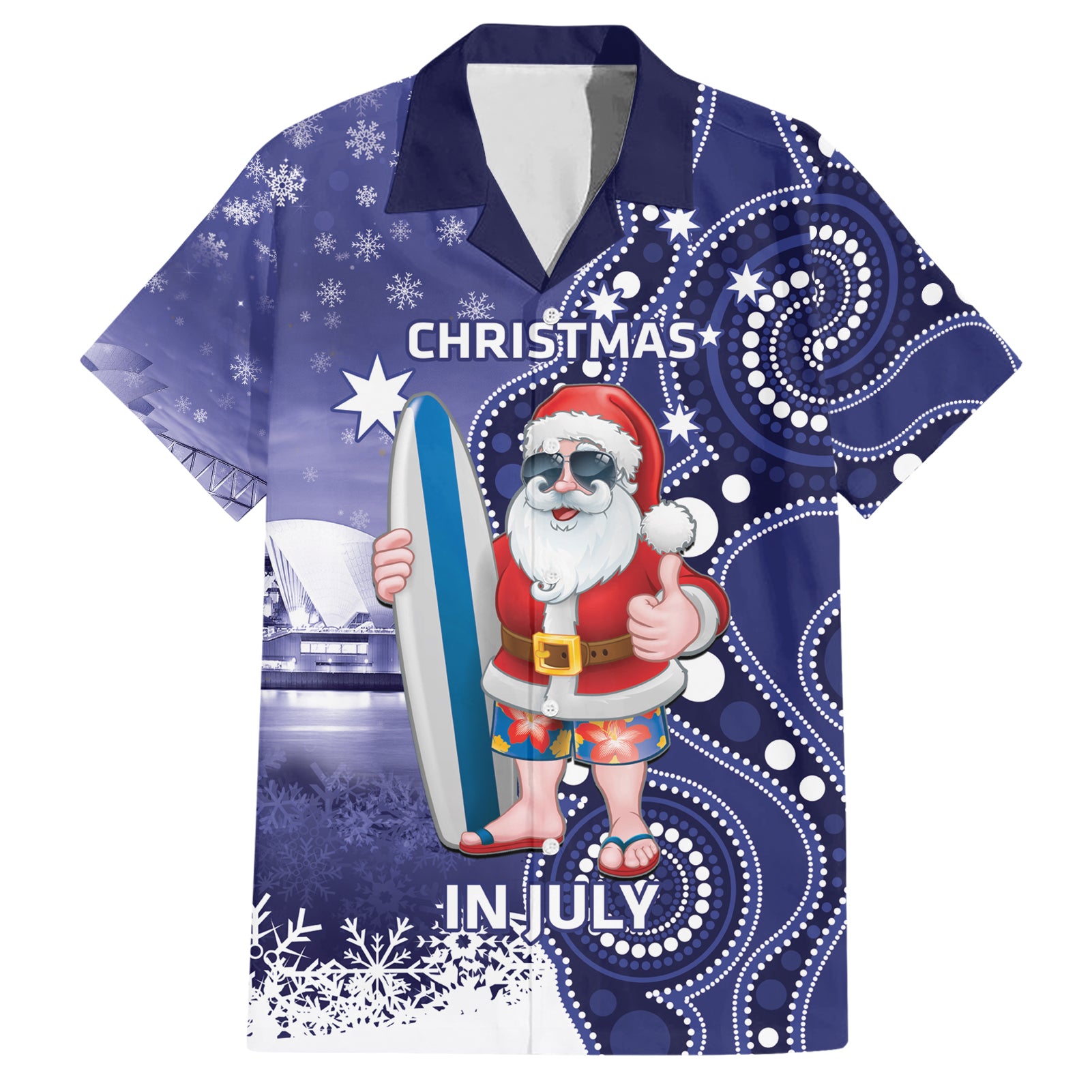 Christmas In July Australia Hawaiian Shirt Santa Surfboard Sydney Opera House - Blue - Vibe Hoodie Shop