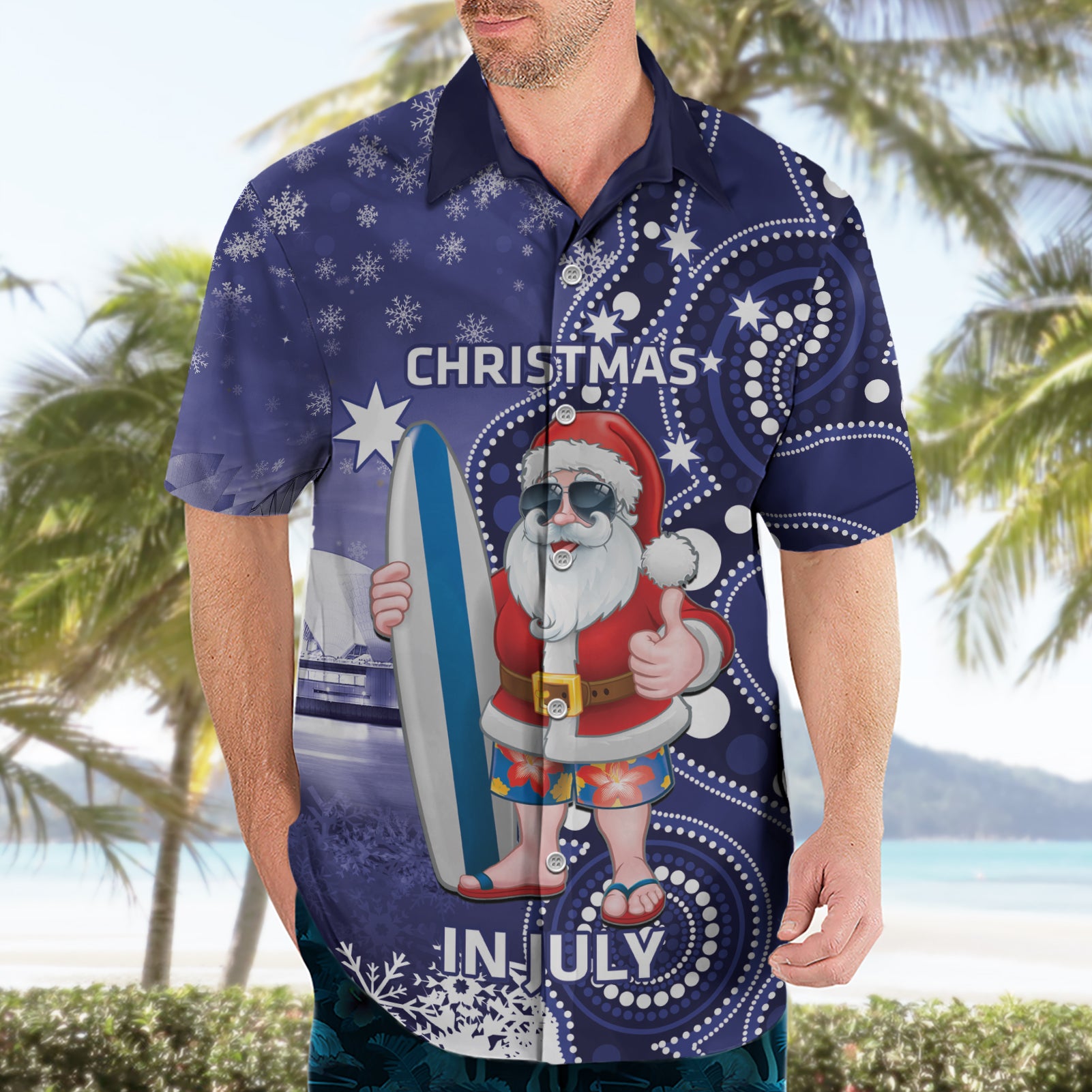 Christmas In July Australia Hawaiian Shirt Santa Surfboard Sydney Opera House - Blue - Vibe Hoodie Shop