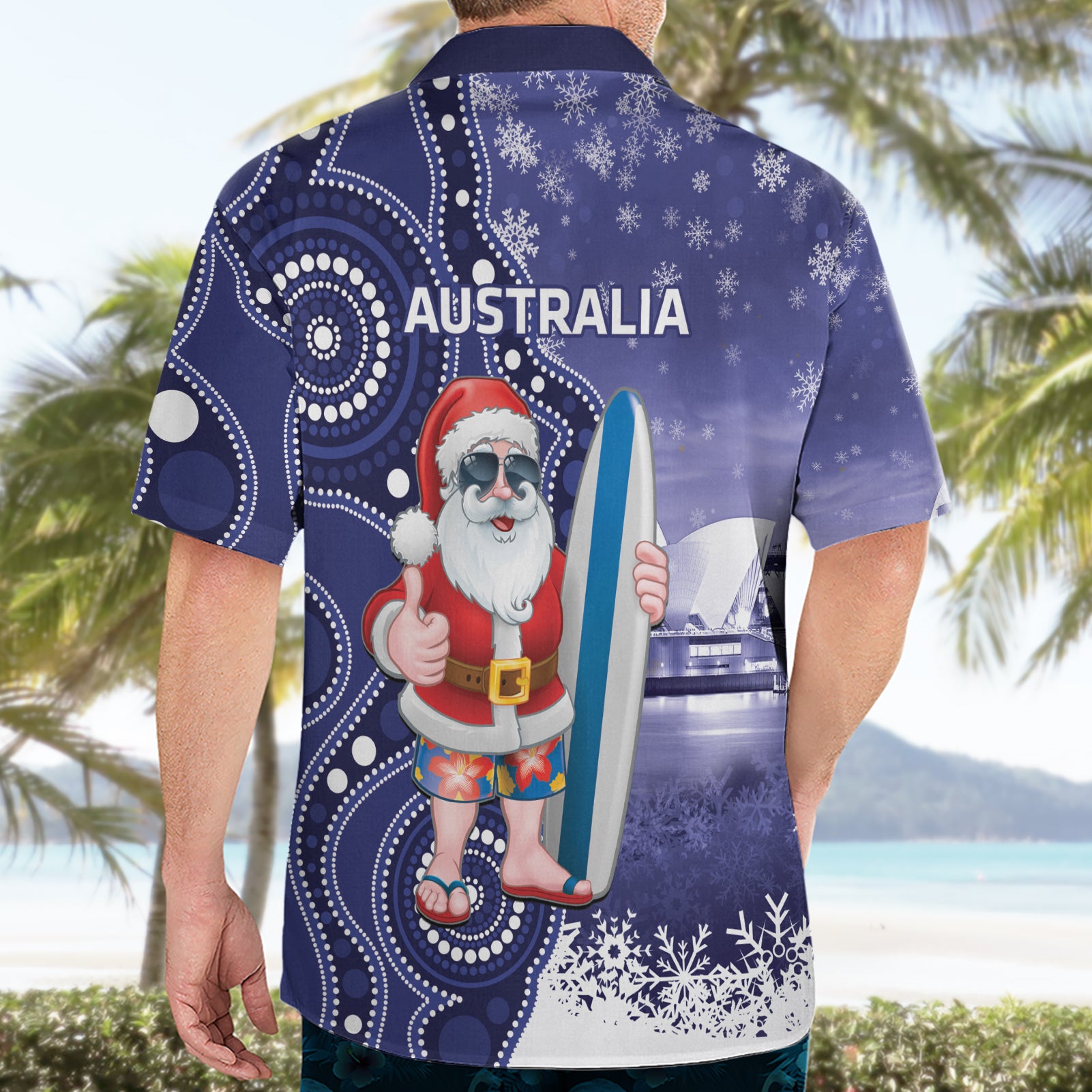 Christmas In July Australia Hawaiian Shirt Santa Surfboard Sydney Opera House - Blue - Vibe Hoodie Shop