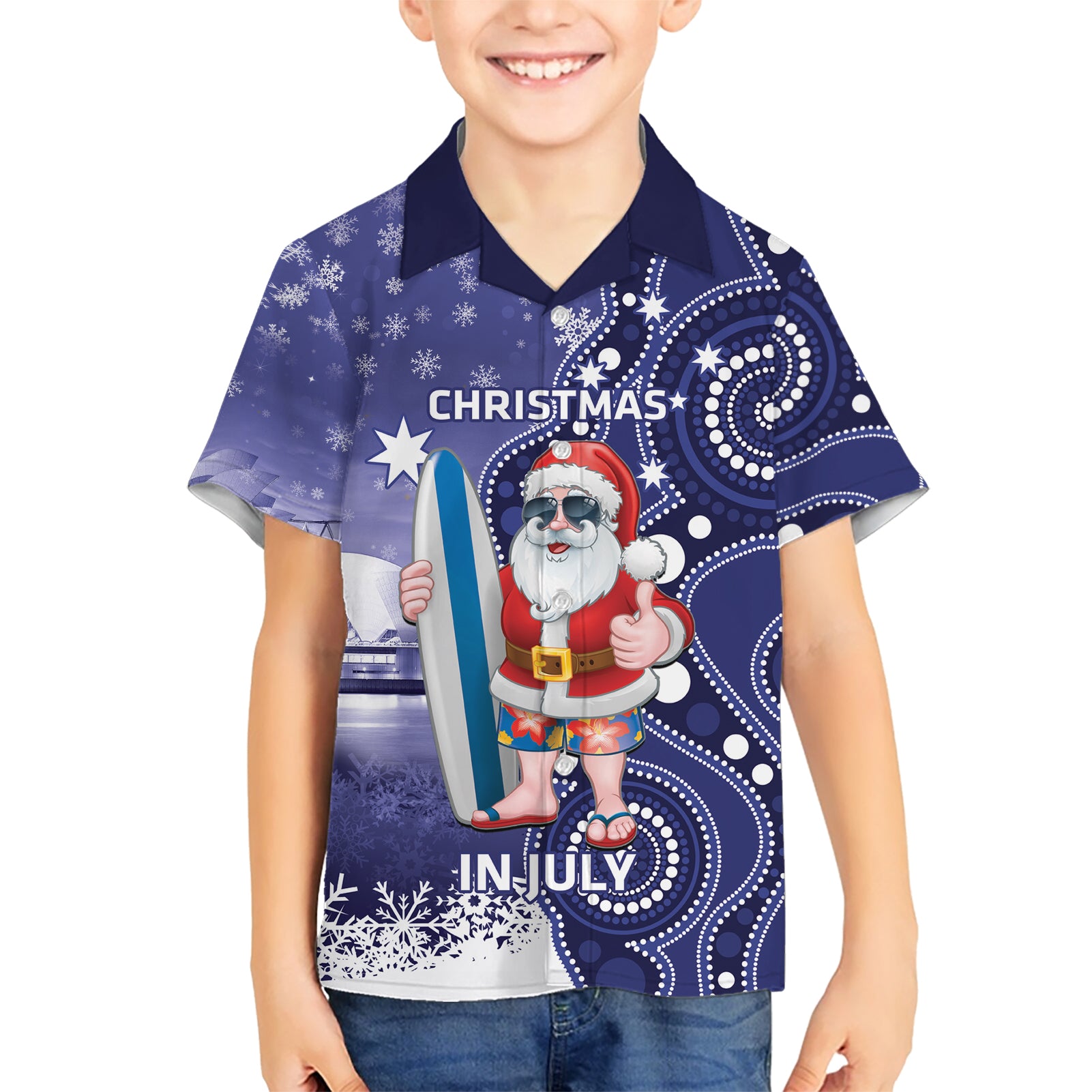 Christmas In July Australia Hawaiian Shirt Santa Surfboard Sydney Opera House - Blue - Vibe Hoodie Shop