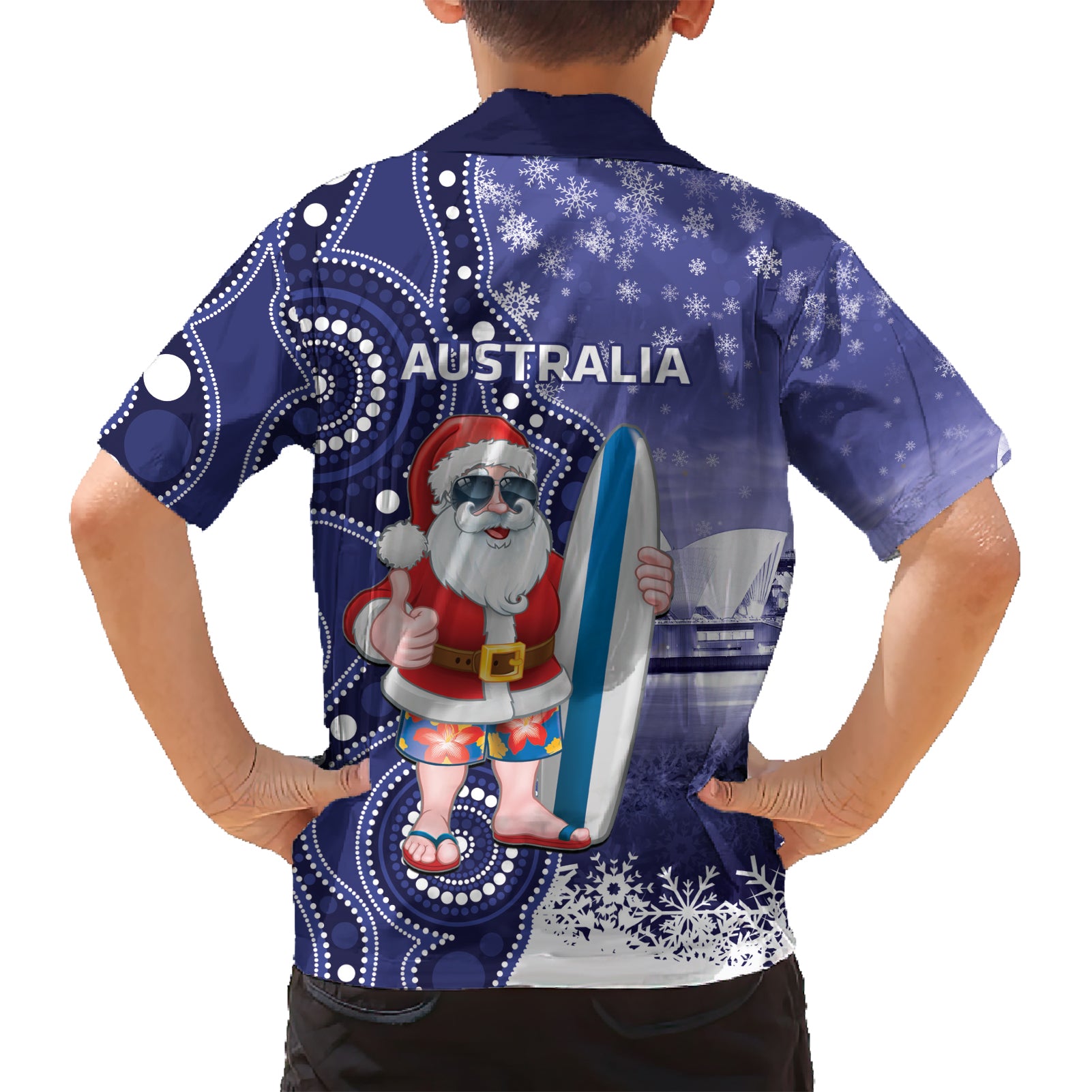 Christmas In July Australia Hawaiian Shirt Santa Surfboard Sydney Opera House - Blue - Vibe Hoodie Shop