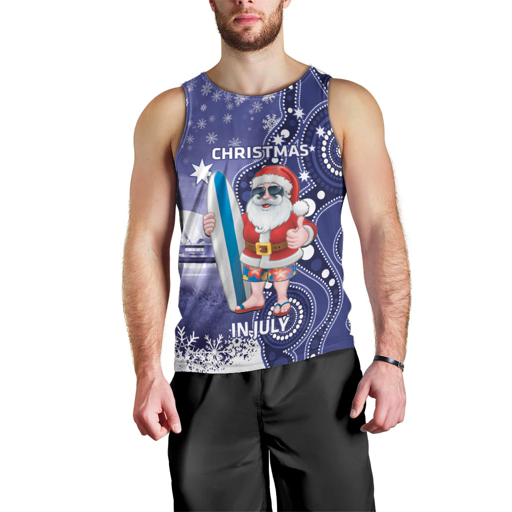 Christmas In July Australia Men Tank Top Santa Surfboard Sydney Opera House - Blue - Vibe Hoodie Shop