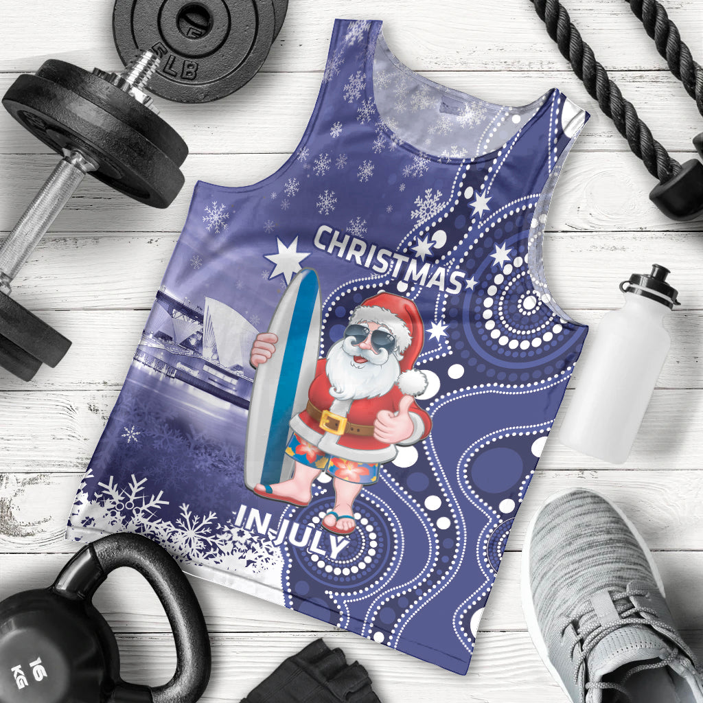 Christmas In July Australia Men Tank Top Santa Surfboard Sydney Opera House - Blue - Vibe Hoodie Shop
