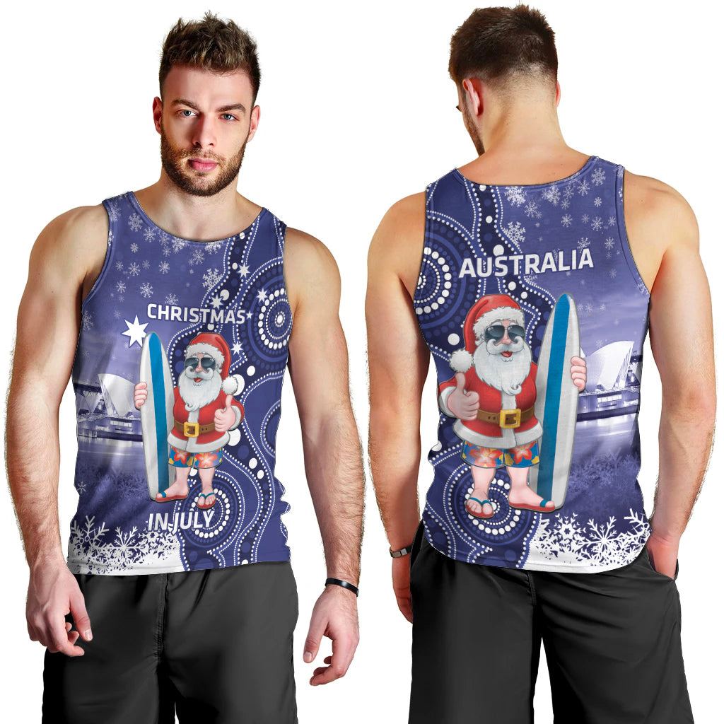 Christmas In July Australia Men Tank Top Santa Surfboard Sydney Opera House - Blue - Vibe Hoodie Shop