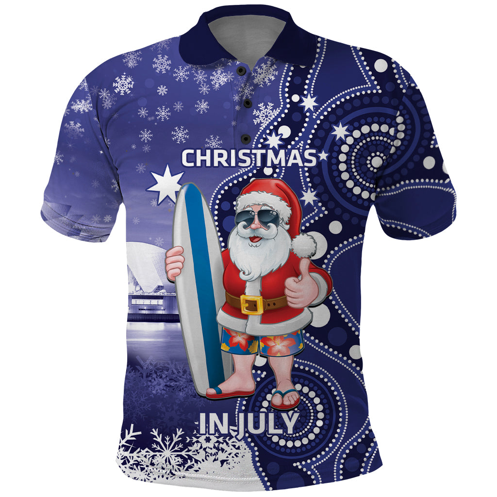 Christmas In July Australia Polo Shirt Santa Surfboard Sydney Opera House - Blue - Vibe Hoodie Shop