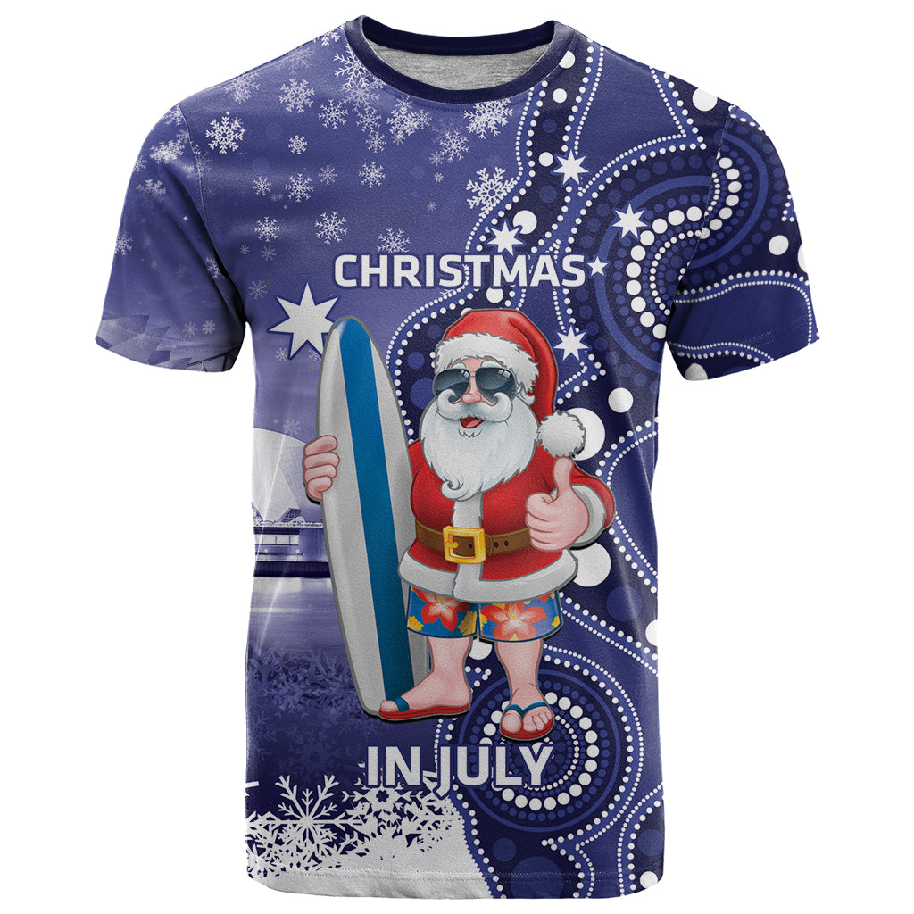 Christmas In July Australia T Shirt Santa Surfboard Sydney Opera House - Blue - Vibe Hoodie Shop