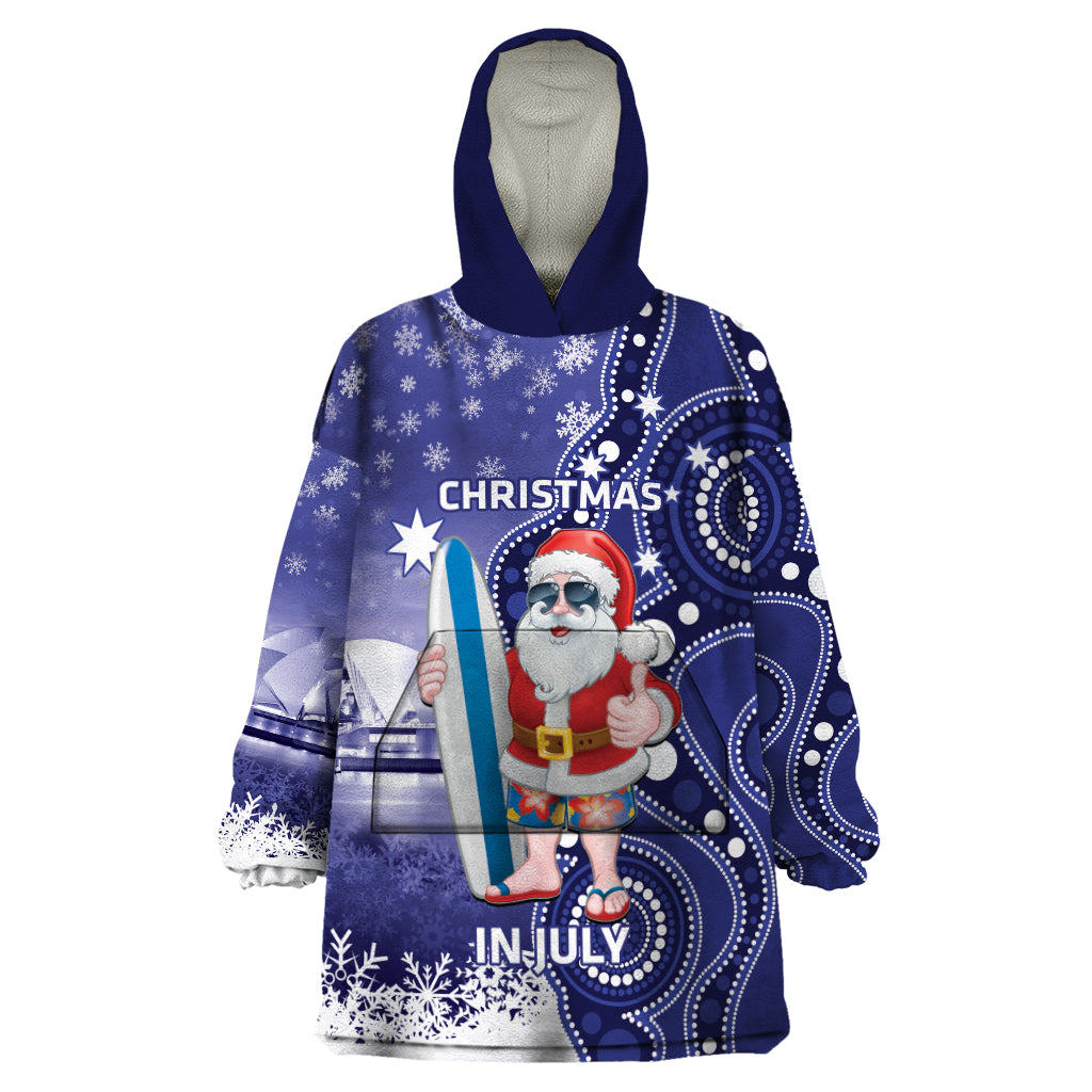 Christmas In July Australia Wearable Blanket Hoodie Santa Surfboard Sydney Opera House - Blue - Vibe Hoodie Shop