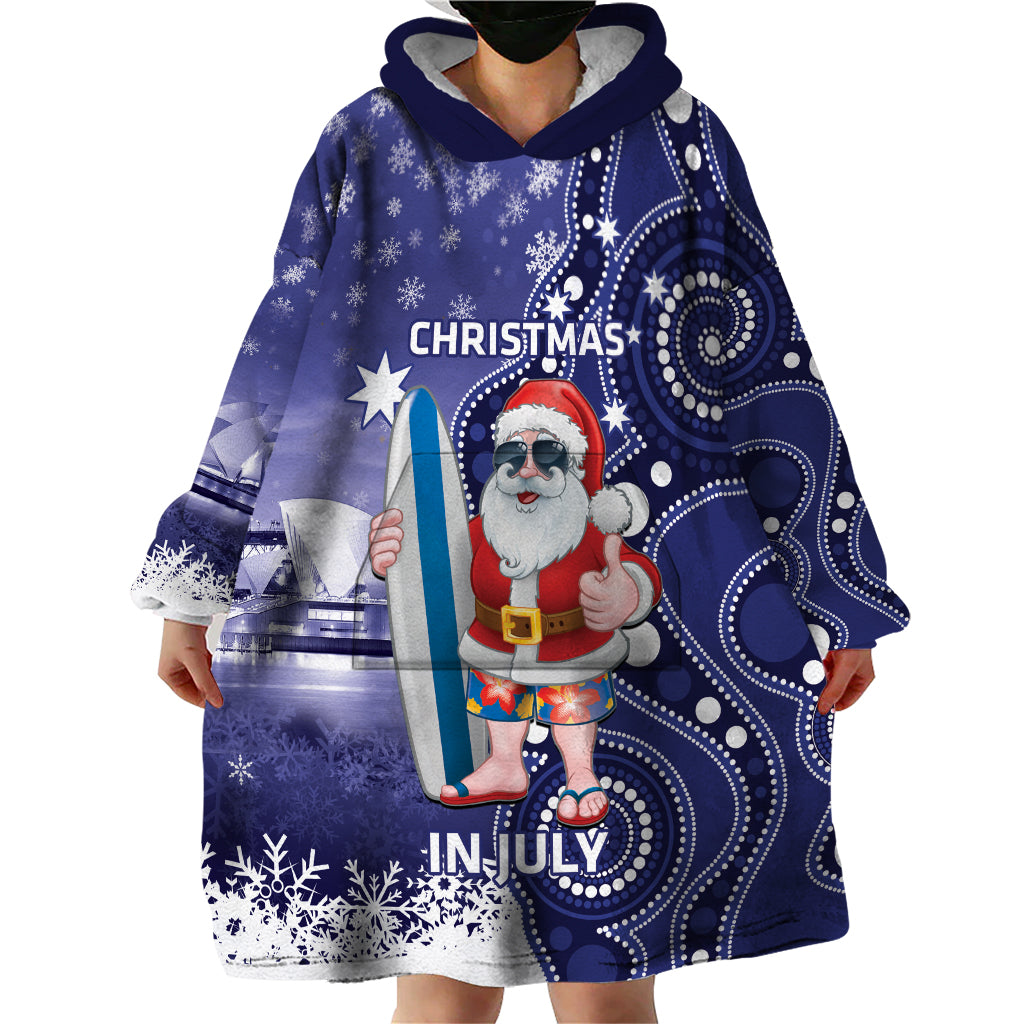 Christmas In July Australia Wearable Blanket Hoodie Santa Surfboard Sydney Opera House - Blue - Vibe Hoodie Shop