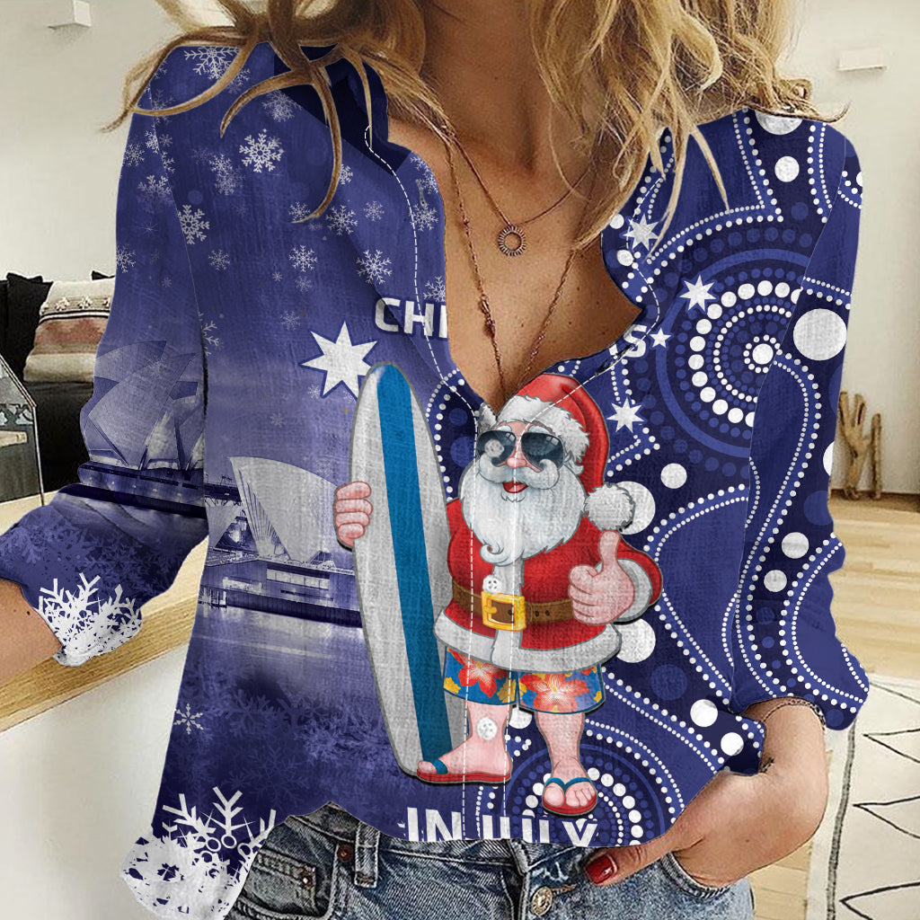 Christmas In July Australia Women Casual Shirt Santa Surfboard Sydney Opera House - Blue - Vibe Hoodie Shop