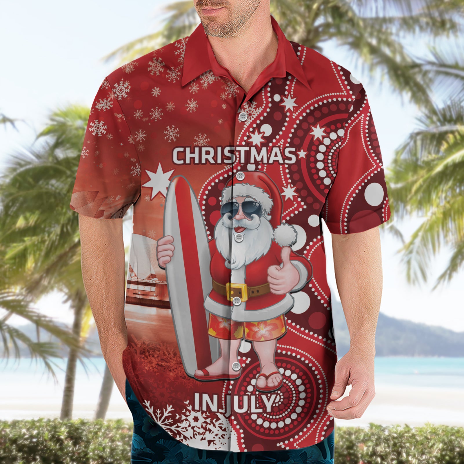 Christmas In July Australia Hawaiian Shirt Santa Surfboard Sydney Opera House - Red - Vibe Hoodie Shop