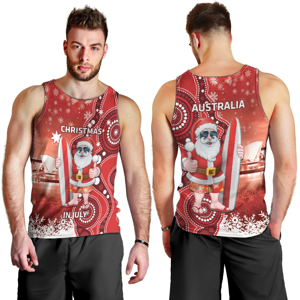 Christmas In July Australia Men Tank Top Santa Surfboard Sydney Opera House - Red - Vibe Hoodie Shop