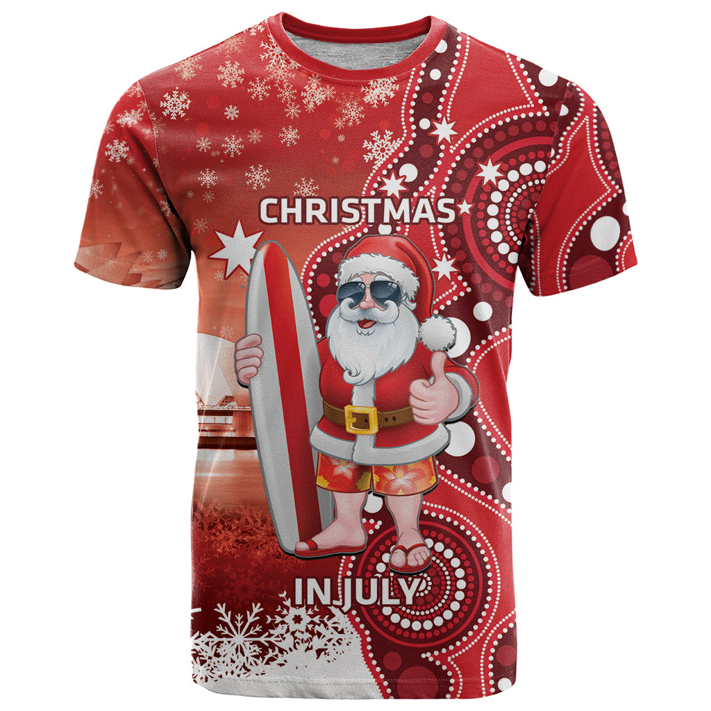 Christmas In July Australia T Shirt Santa Surfboard Sydney Opera House - Red - Vibe Hoodie Shop