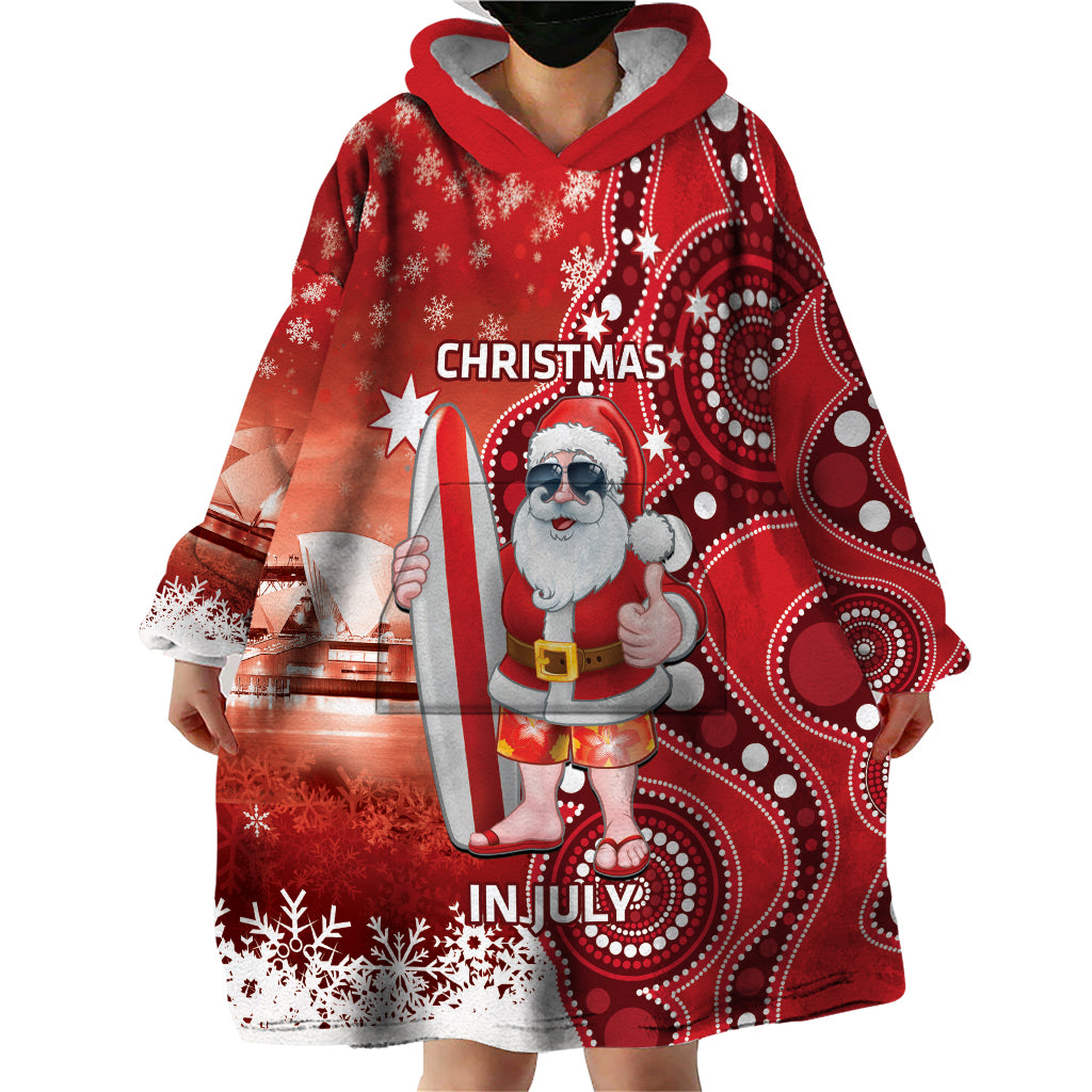 Christmas In July Australia Wearable Blanket Hoodie Santa Surfboard Sydney Opera House - Red - Vibe Hoodie Shop