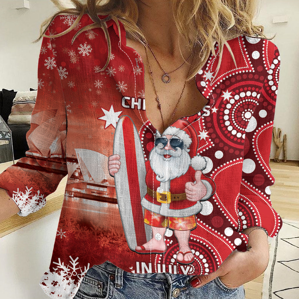 Christmas In July Australia Women Casual Shirt Santa Surfboard Sydney Opera House - Red - Vibe Hoodie Shop