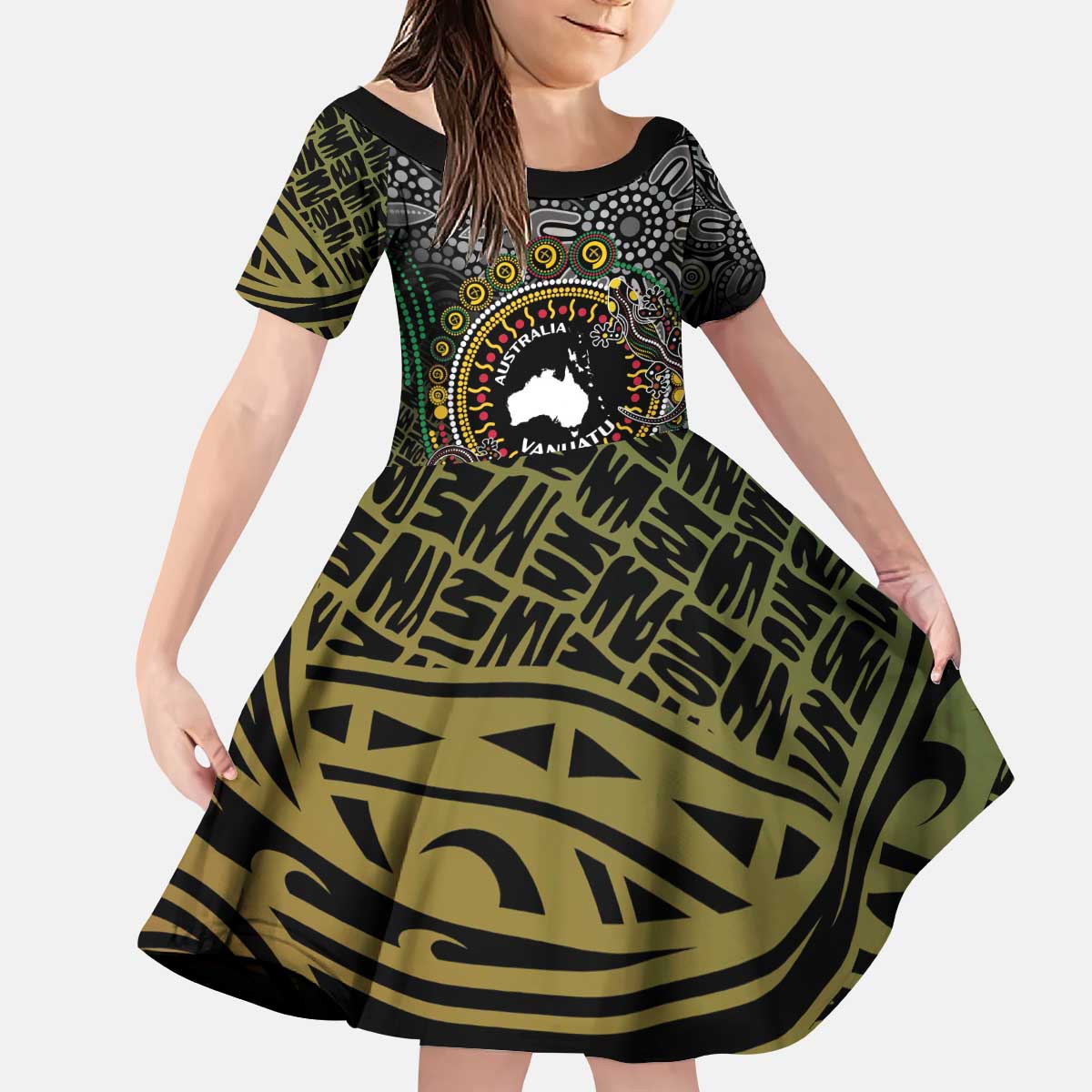 Personalised Australia And Vanuatu Kid Short Sleeve Dress Aboriginal Lizard Polynesia Ni-Van Pig Tusk - Vibe Hoodie Shop