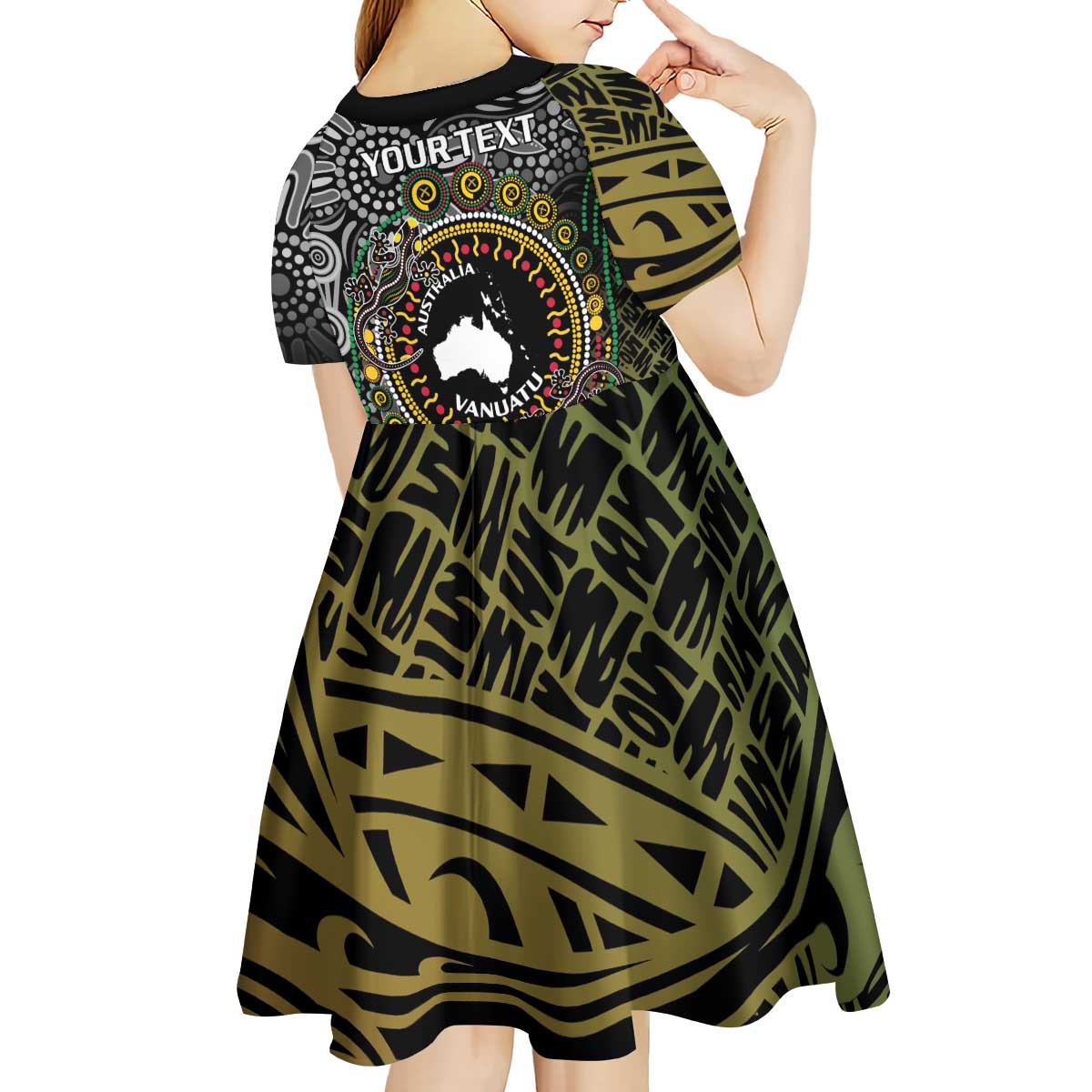 Personalised Australia And Vanuatu Kid Short Sleeve Dress Aboriginal Lizard Polynesia Ni-Van Pig Tusk - Vibe Hoodie Shop