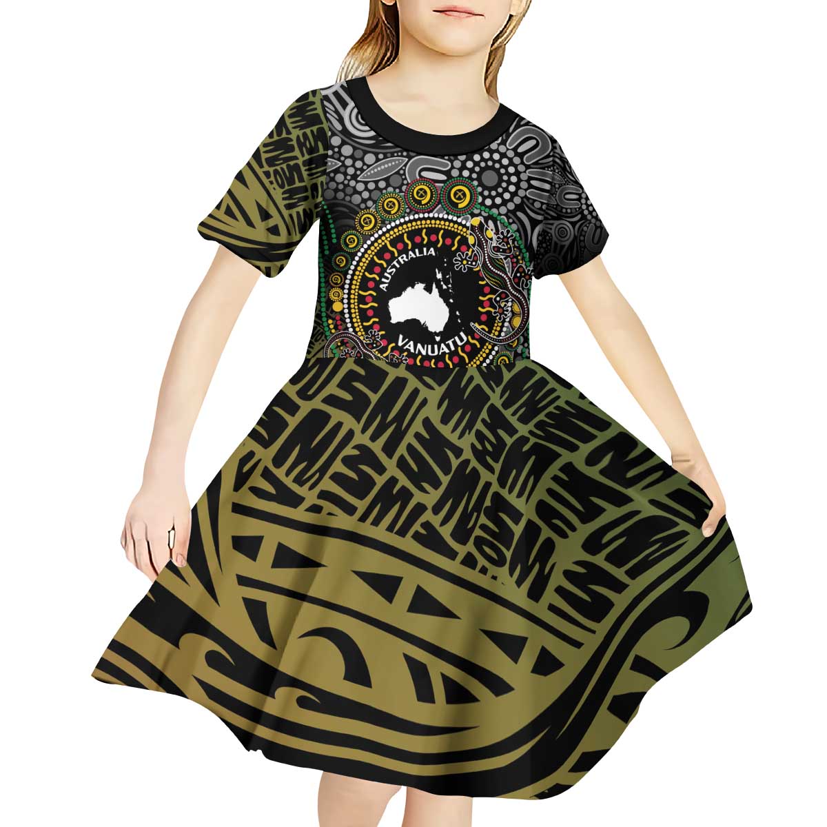 Personalised Australia And Vanuatu Kid Short Sleeve Dress Aboriginal Lizard Polynesia Ni-Van Pig Tusk - Vibe Hoodie Shop