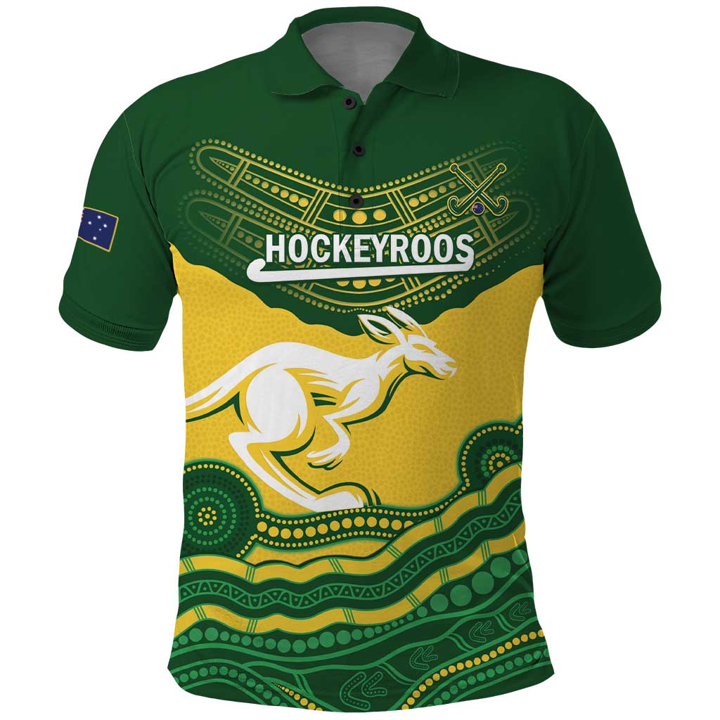 Custom Australia Hockeyroos Polo Shirt Aussie Kangaroo Indigenous Art - Vibe Hoodie Shop
