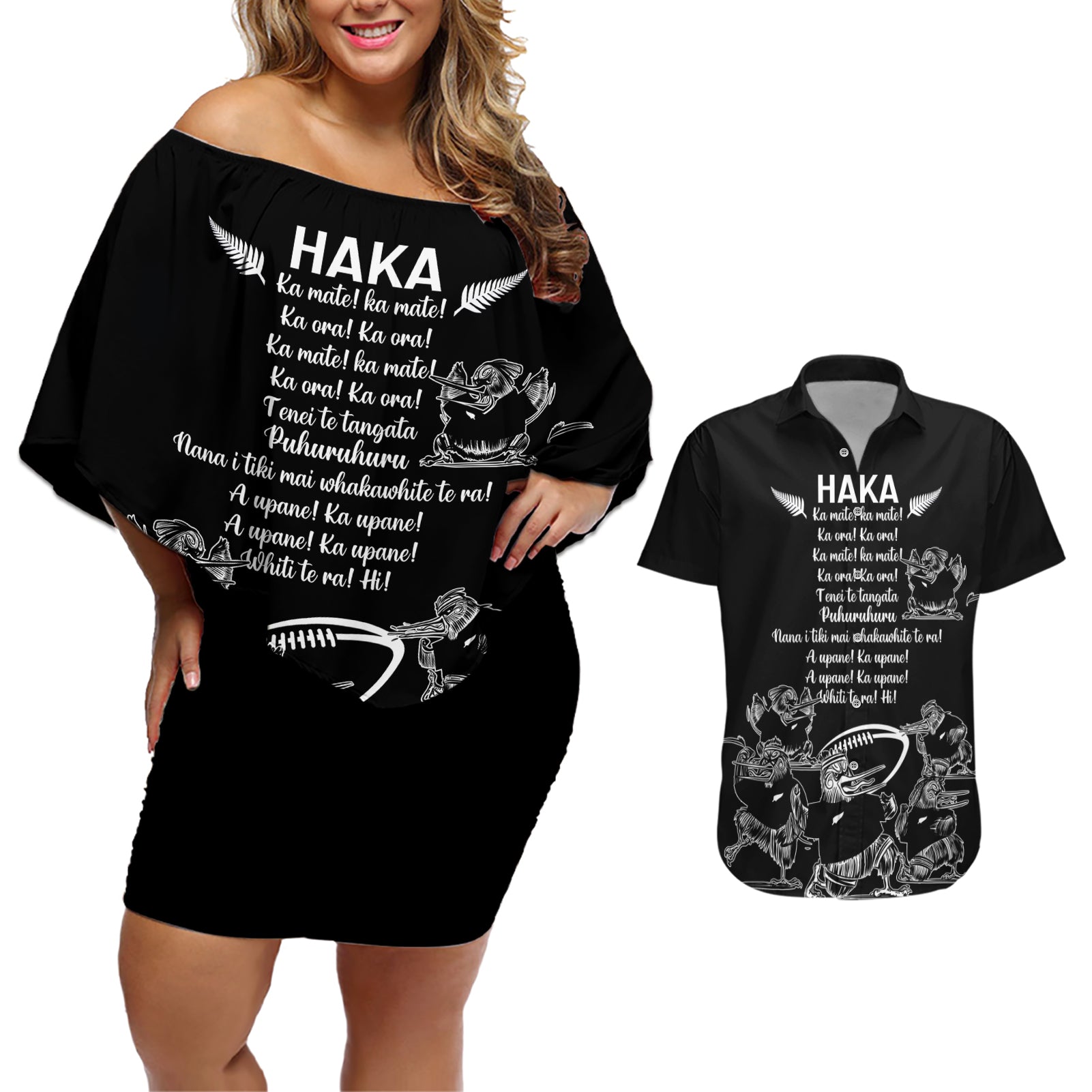 new-zealand-silver-fern-rugby-couples-matching-off-shoulder-short-dress-and-hawaiian-shirt-haka-aotearoa-kiwi-dance