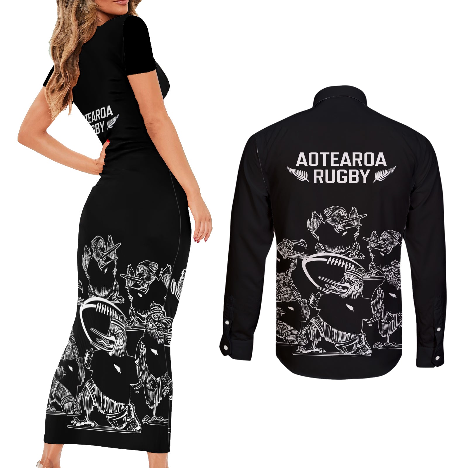 new-zealand-silver-fern-rugby-couples-matching-short-sleeve-bodycon-dress-and-long-sleeve-button-shirt-haka-aotearoa-kiwi-dance