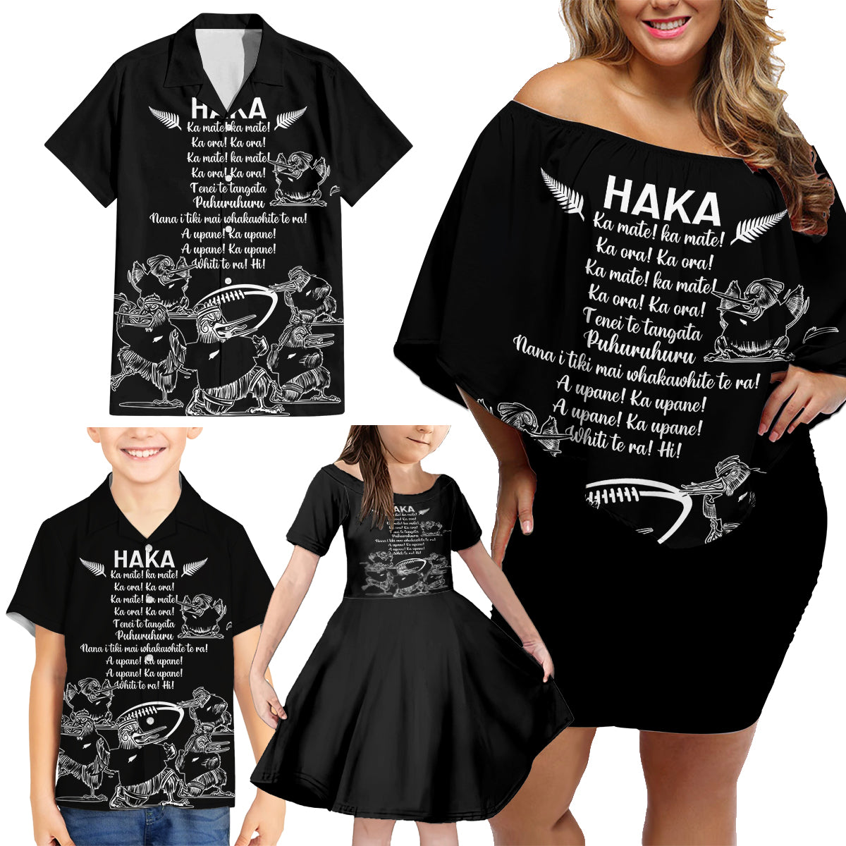 new-zealand-silver-fern-rugby-family-matching-off-shoulder-short-dress-and-hawaiian-shirt-haka-aotearoa-kiwi-dance