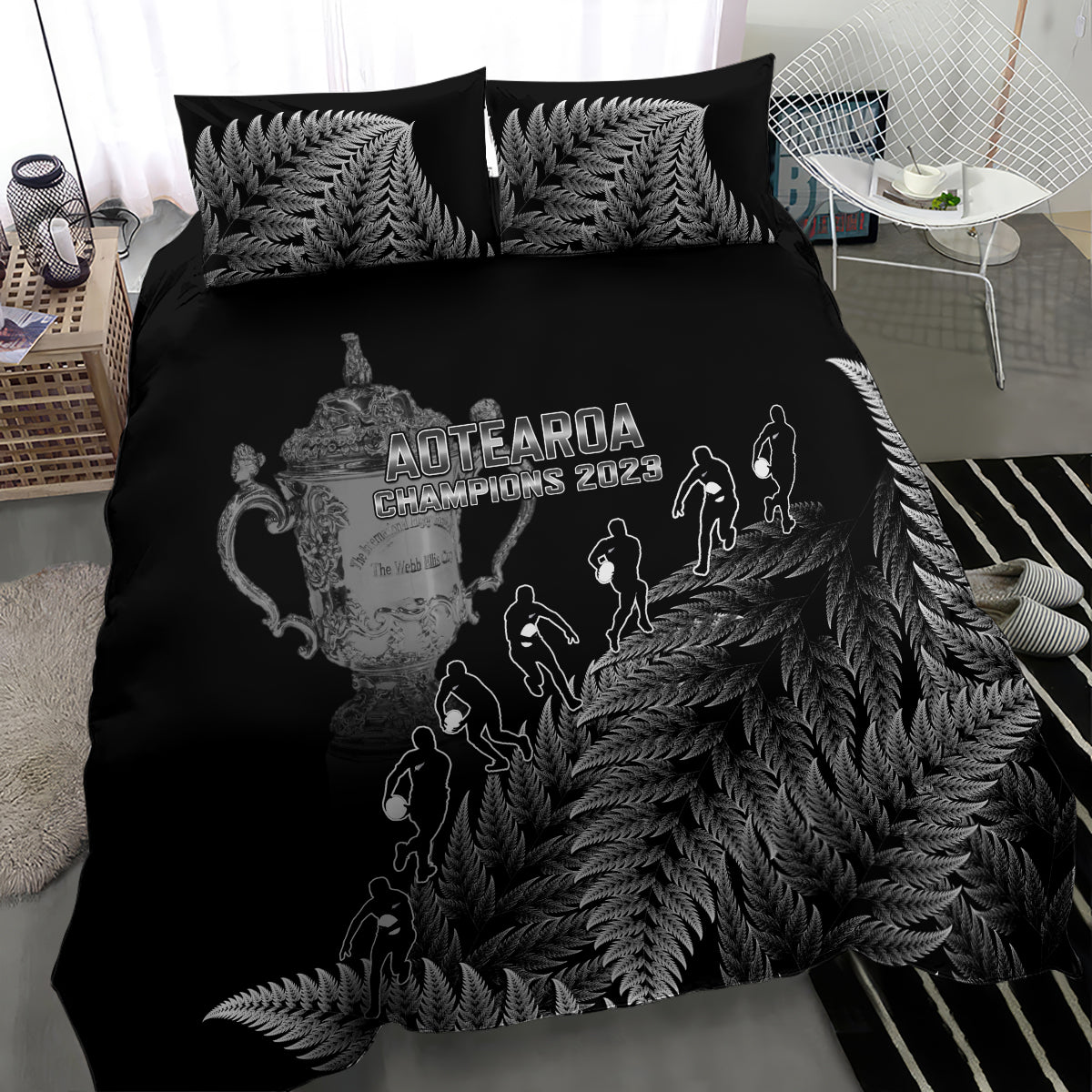 Custom New Zealand Silver Fern Rugby Bedding Set All Black Go Champions 2023 With Trophy Proud - Vibe Hoodie Shop