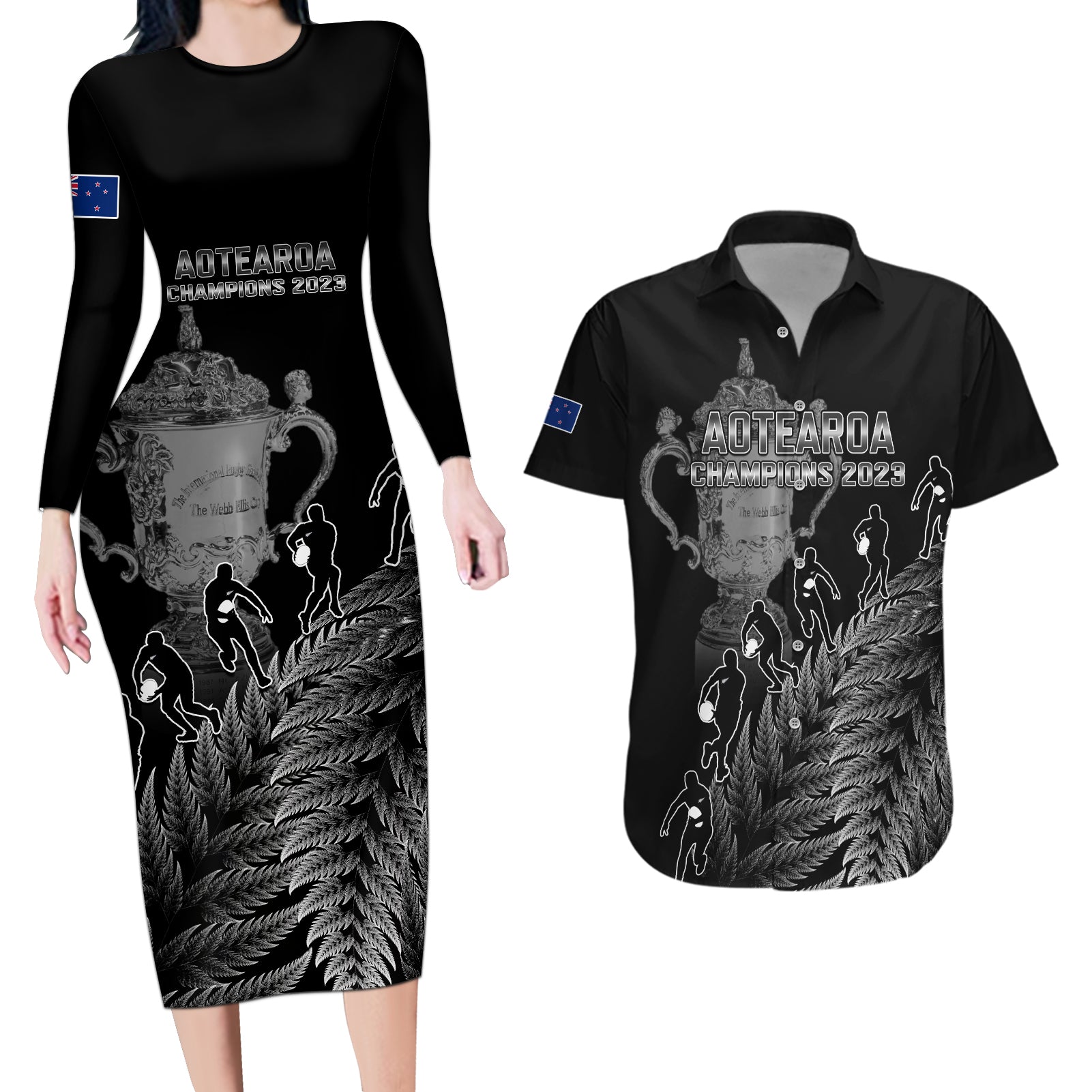 custom-new-zealand-silver-fern-rugby-couples-matching-long-sleeve-bodycon-dress-and-hawaiian-shirt-all-black-go-champions-2023-with-trophy-proud