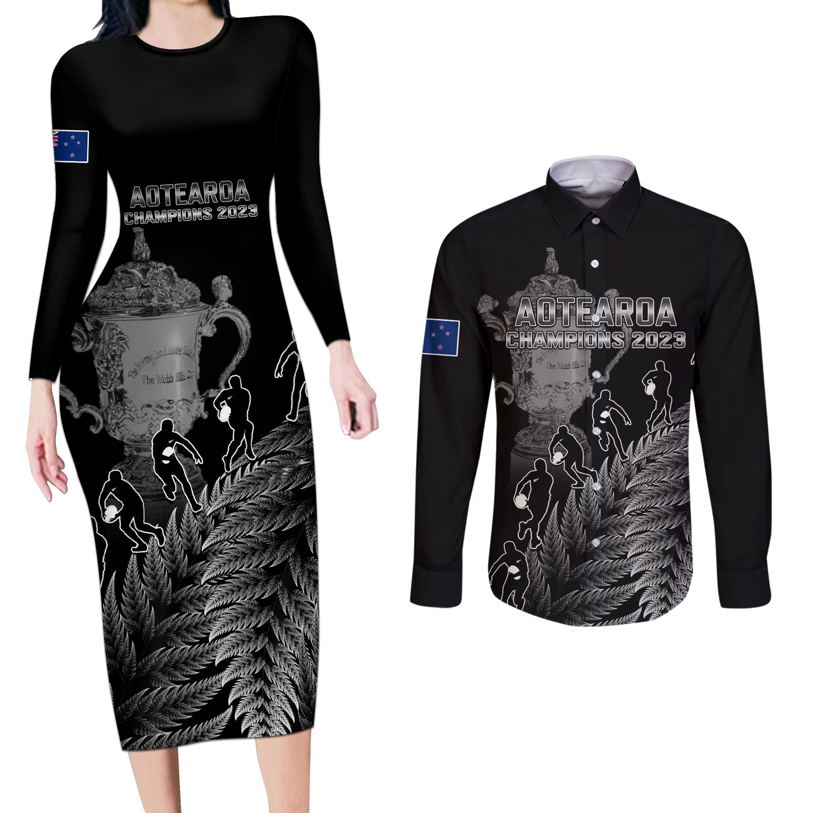 custom-new-zealand-silver-fern-rugby-couples-matching-long-sleeve-bodycon-dress-and-long-sleeve-button-shirt-all-black-go-champions-2023-with-trophy-proud