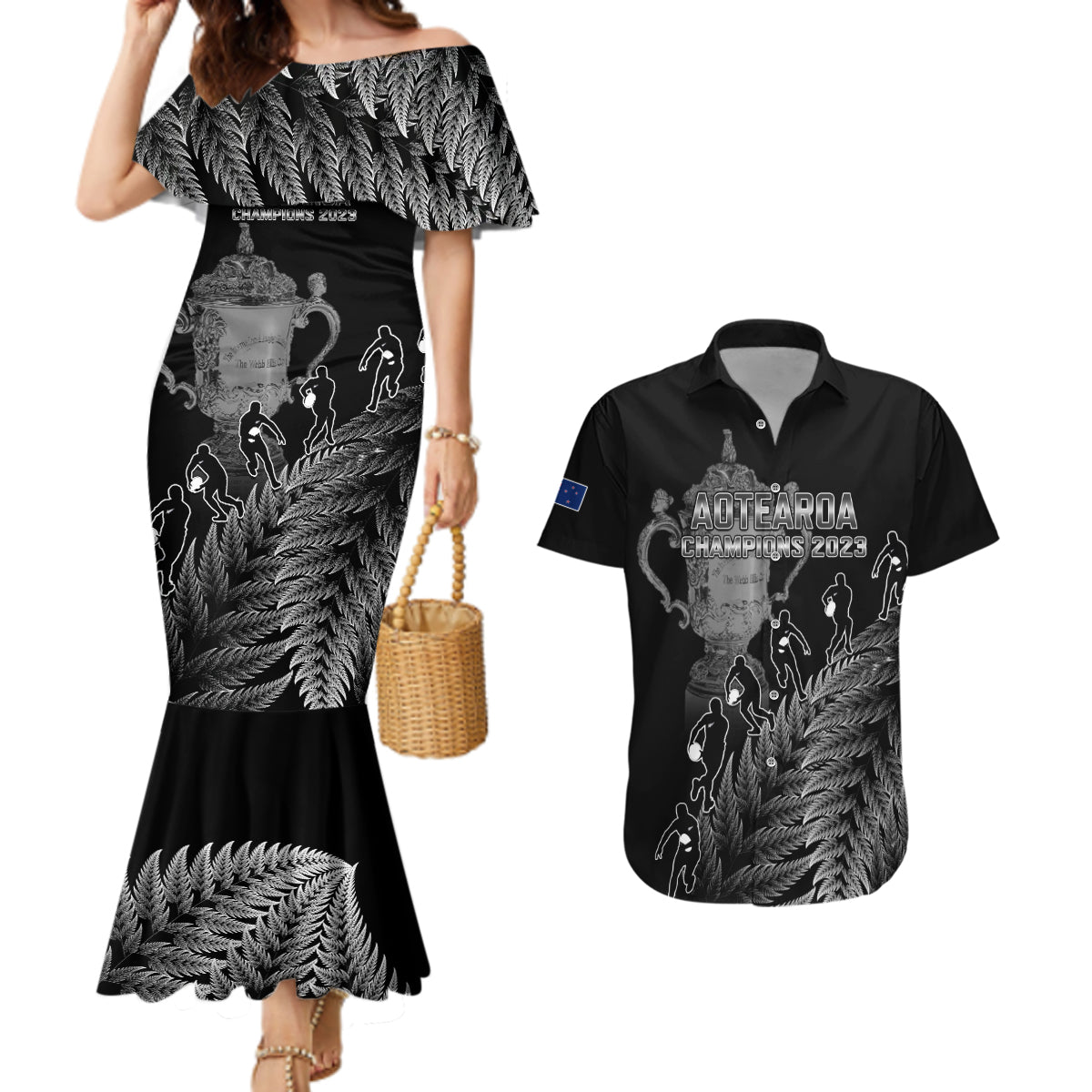 custom-new-zealand-silver-fern-rugby-couples-matching-mermaid-dress-and-hawaiian-shirt-all-black-go-champions-2023-with-trophy-proud