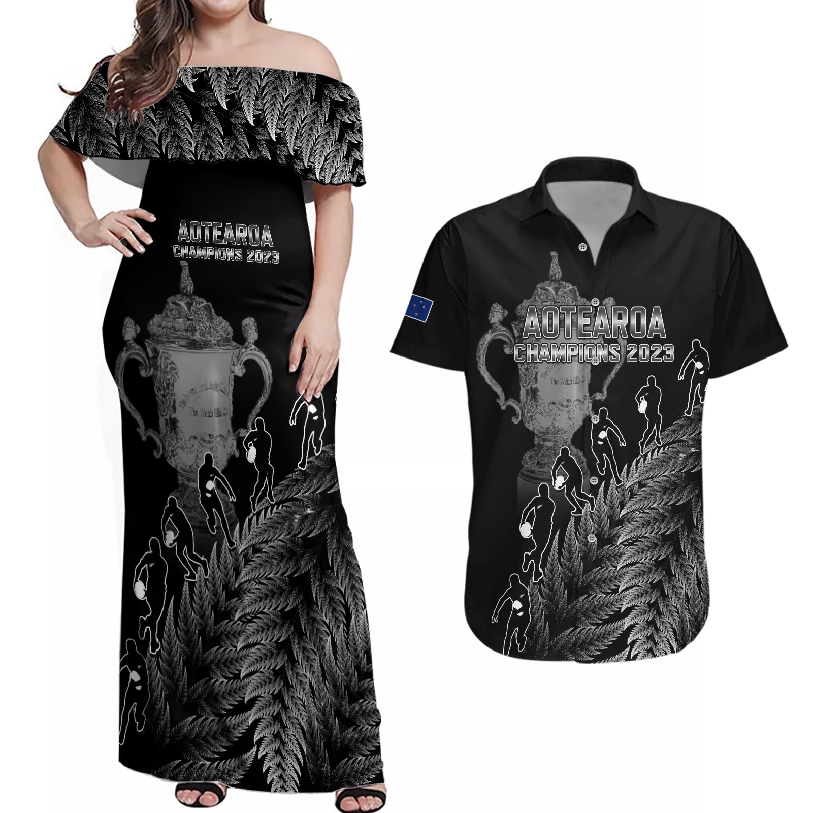 custom-new-zealand-silver-fern-rugby-couples-matching-off-shoulder-maxi-dress-and-hawaiian-shirt-all-black-go-champions-2023-with-trophy-proud