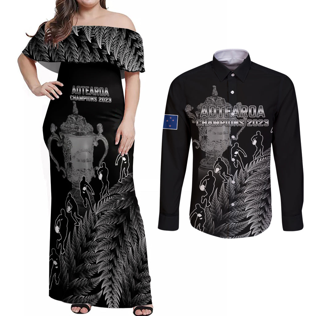 custom-new-zealand-silver-fern-rugby-couples-matching-off-shoulder-maxi-dress-and-long-sleeve-button-shirt-all-black-go-champions-2023-with-trophy-proud