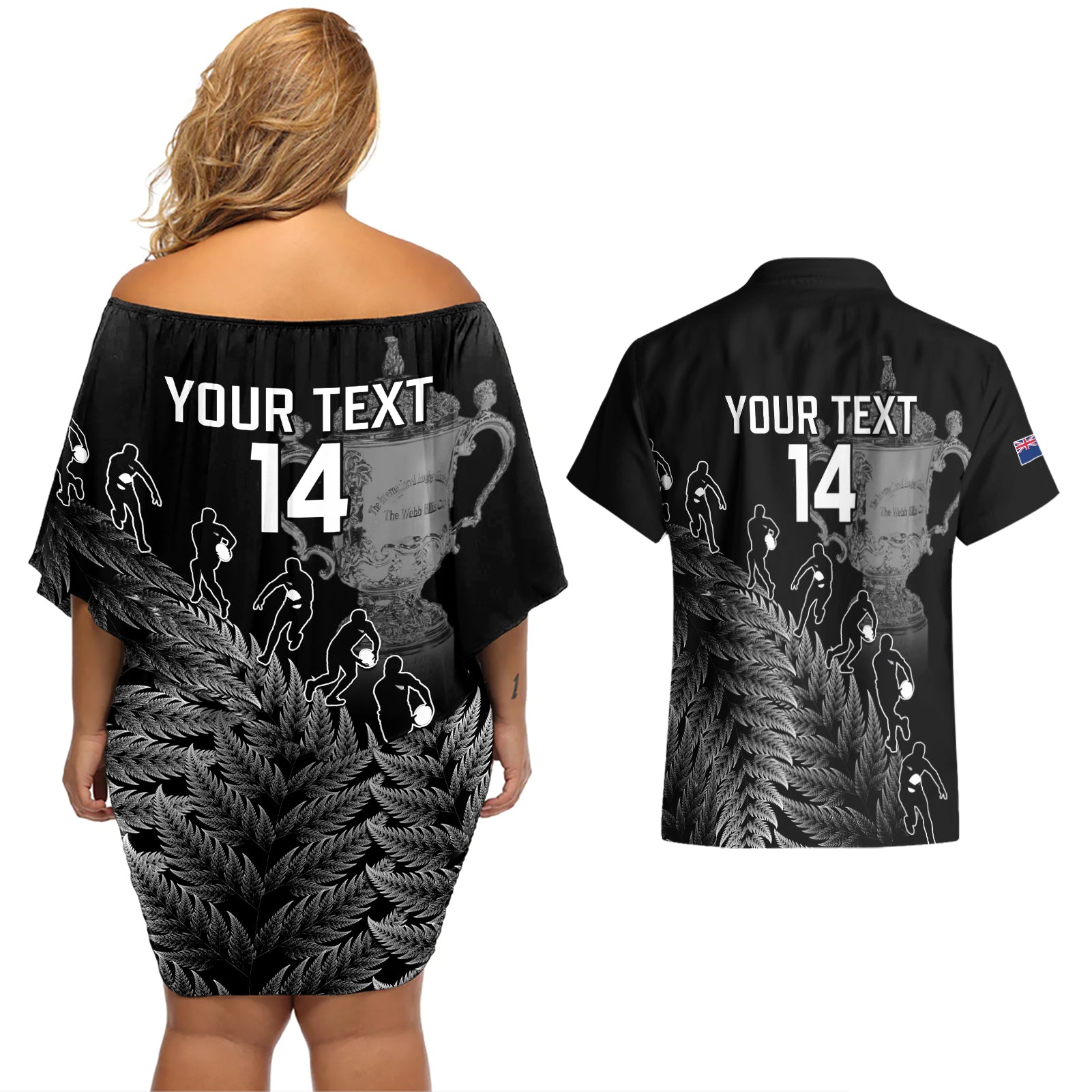 custom-new-zealand-silver-fern-rugby-couples-matching-off-shoulder-short-dress-and-hawaiian-shirt-all-black-go-champions-2023-with-trophy-proud