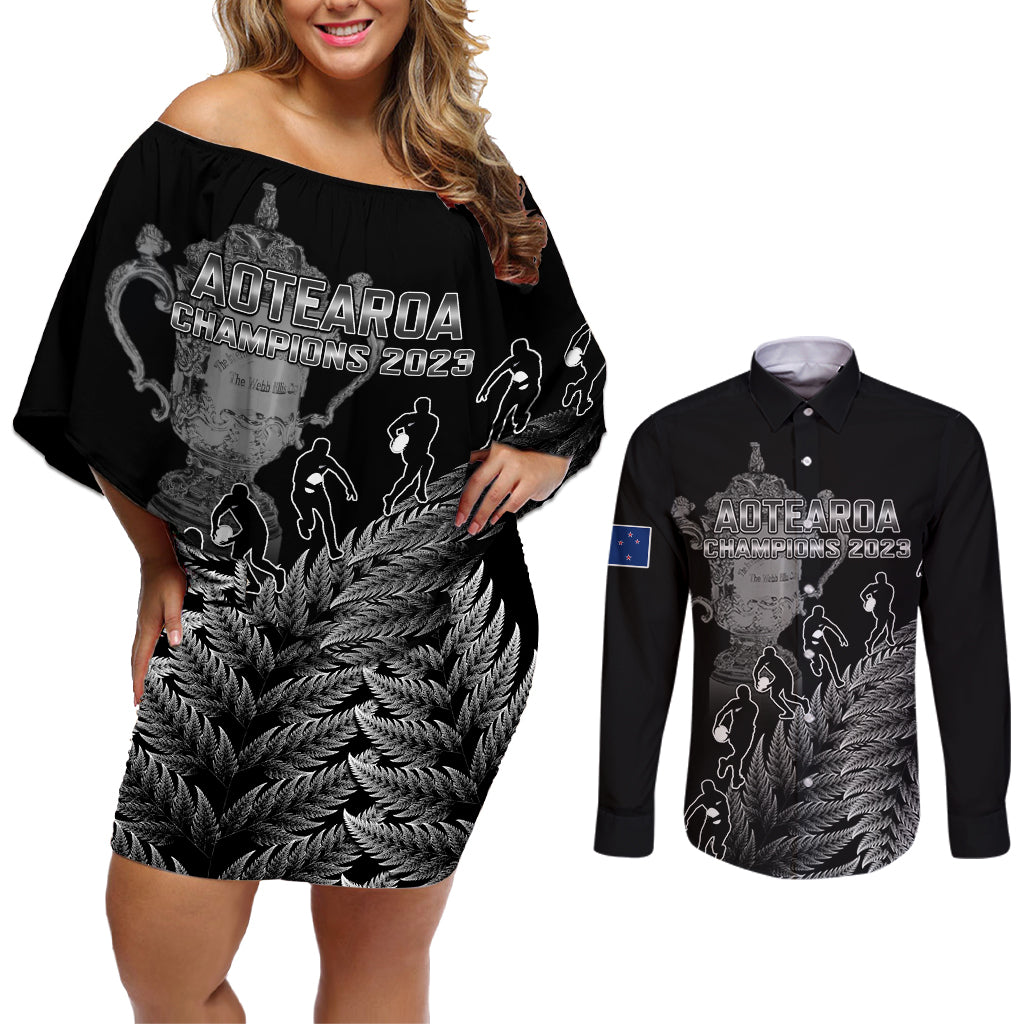 custom-new-zealand-silver-fern-rugby-couples-matching-off-shoulder-short-dress-and-long-sleeve-button-shirt-all-black-go-champions-2023-with-trophy-proud