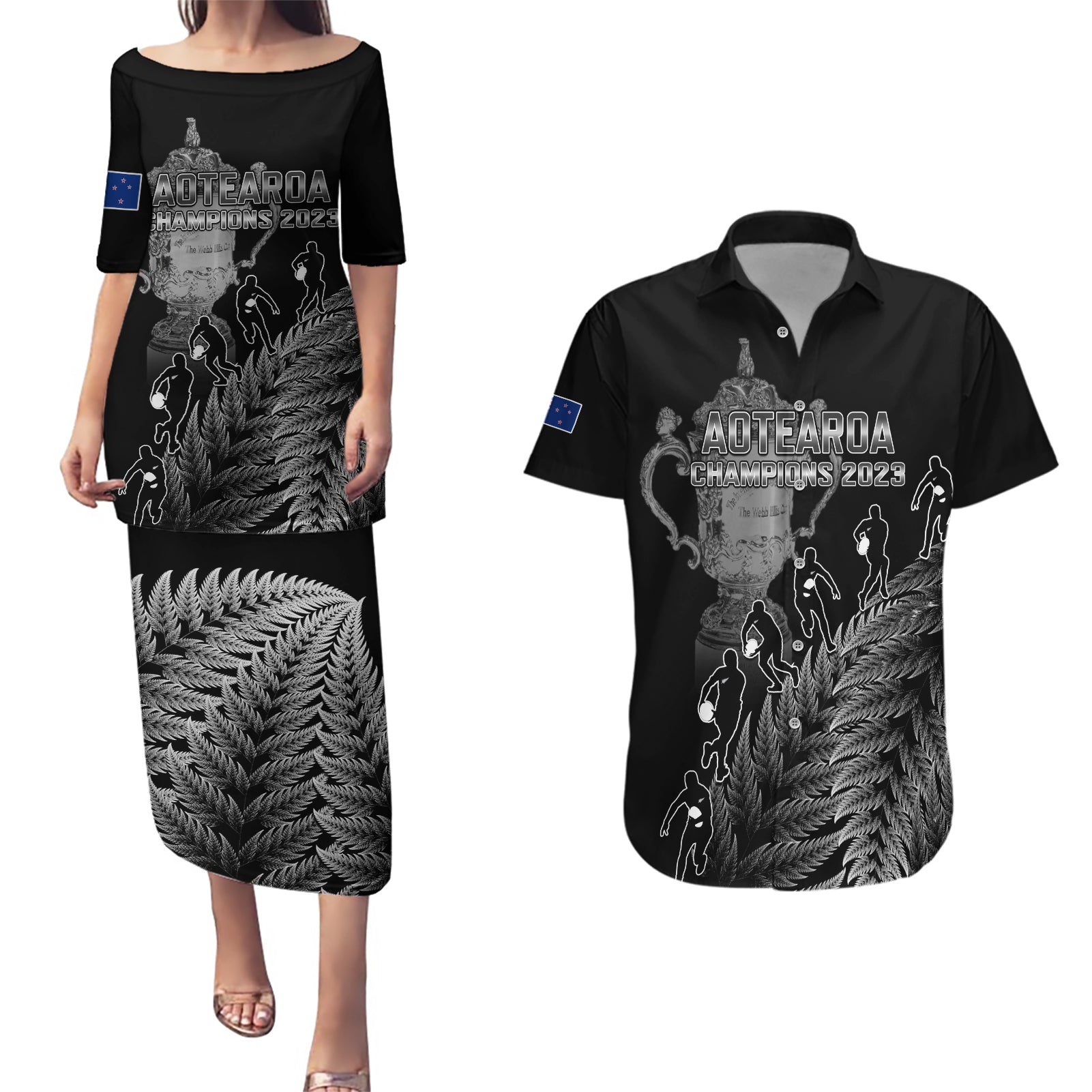 custom-new-zealand-silver-fern-rugby-couples-matching-puletasi-dress-and-hawaiian-shirt-all-black-go-champions-2023-with-trophy-proud