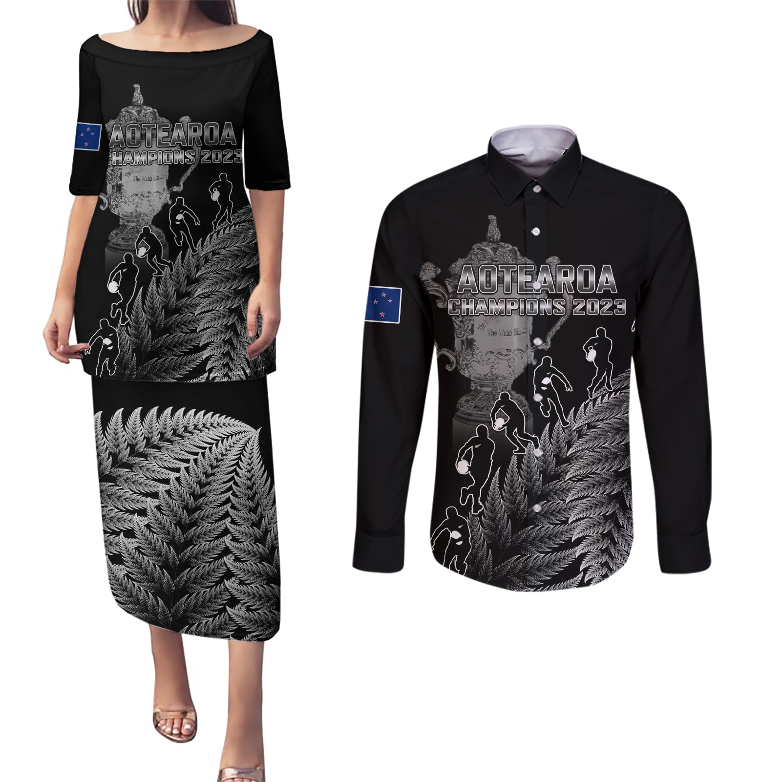 custom-new-zealand-silver-fern-rugby-couples-matching-puletasi-dress-and-long-sleeve-button-shirt-all-black-go-champions-2023-with-trophy-proud