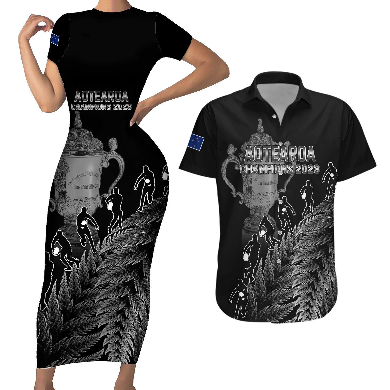 custom-new-zealand-silver-fern-rugby-couples-matching-short-sleeve-bodycon-dress-and-hawaiian-shirt-all-black-go-champions-2023-with-trophy-proud