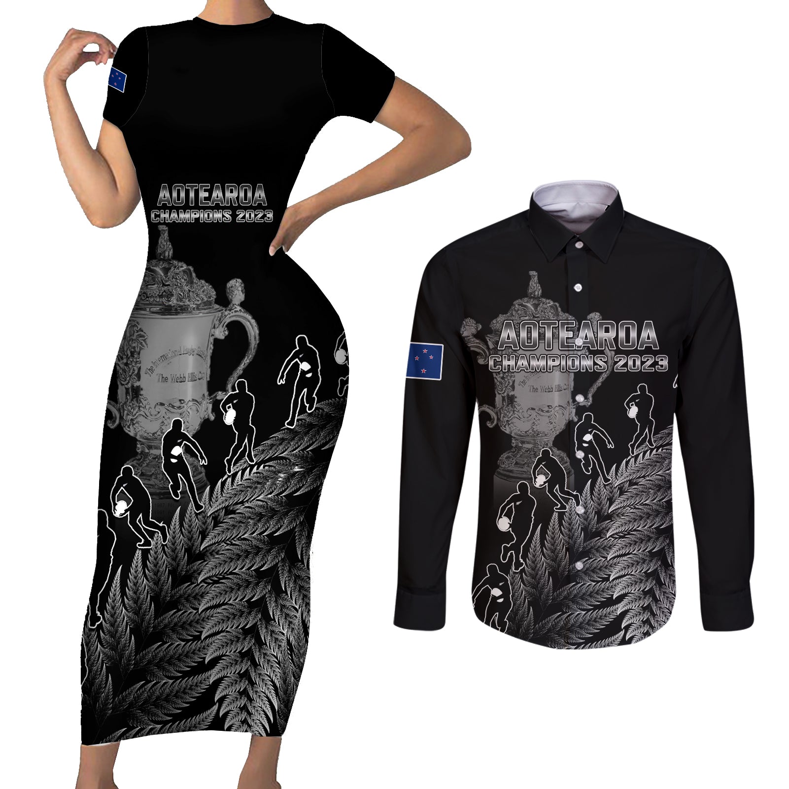 custom-new-zealand-silver-fern-rugby-couples-matching-short-sleeve-bodycon-dress-and-long-sleeve-button-shirt-all-black-go-champions-2023-with-trophy-proud