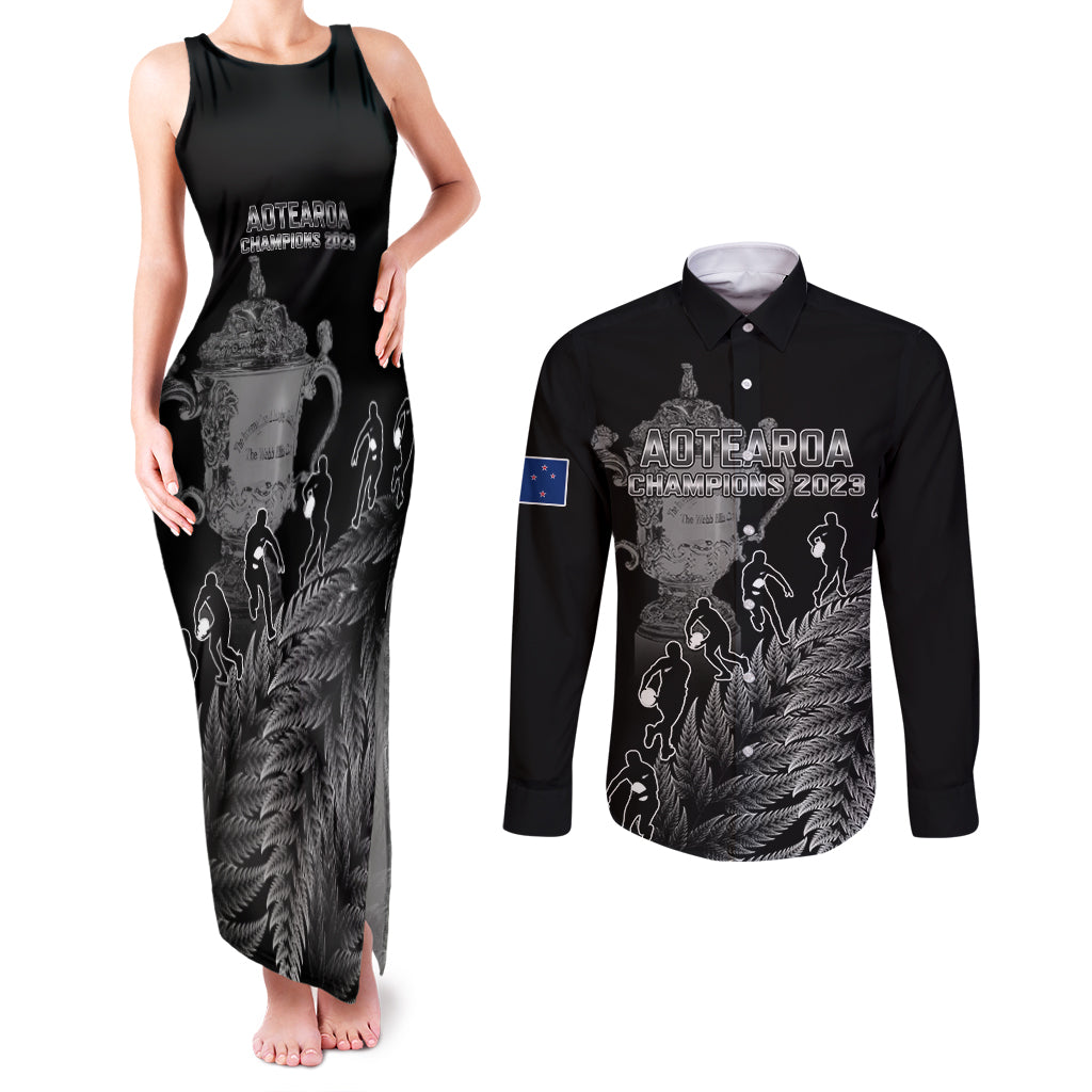 custom-new-zealand-silver-fern-rugby-couples-matching-tank-maxi-dress-and-long-sleeve-button-shirt-all-black-go-champions-2023-with-trophy-proud