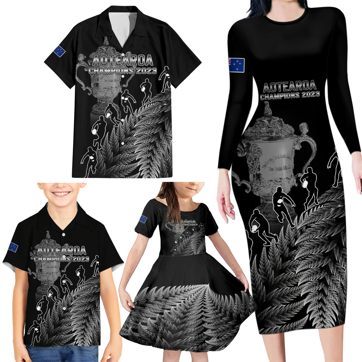 custom-new-zealand-silver-fern-rugby-family-matching-long-sleeve-bodycon-dress-and-hawaiian-shirt-all-black-go-champions-2023-with-trophy-proud