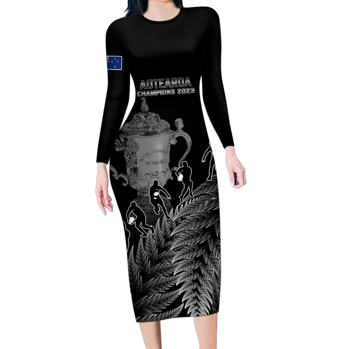 custom-new-zealand-silver-fern-rugby-family-matching-long-sleeve-bodycon-dress-and-hawaiian-shirt-all-black-go-champions-2023-with-trophy-proud