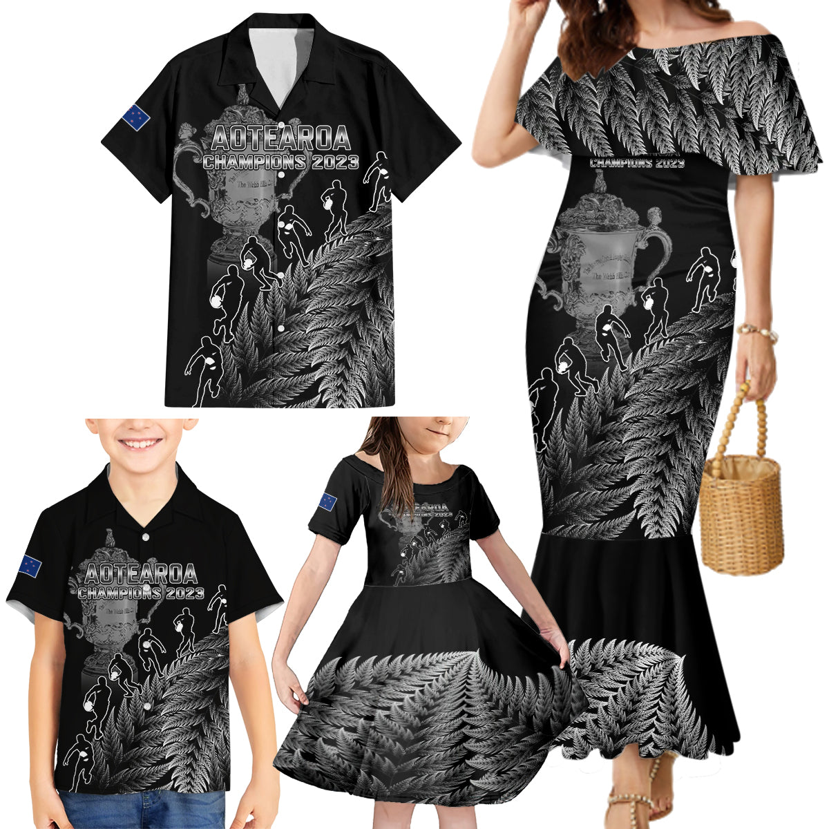 custom-new-zealand-silver-fern-rugby-family-matching-mermaid-dress-and-hawaiian-shirt-all-black-go-champions-2023-with-trophy-proud