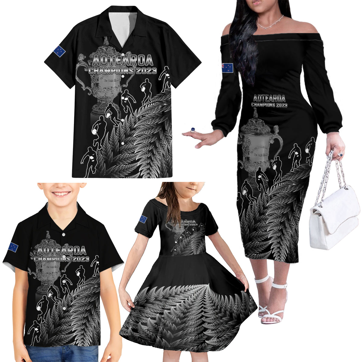 custom-new-zealand-silver-fern-rugby-family-matching-off-shoulder-long-sleeve-dress-and-hawaiian-shirt-all-black-go-champions-2023-with-trophy-proud