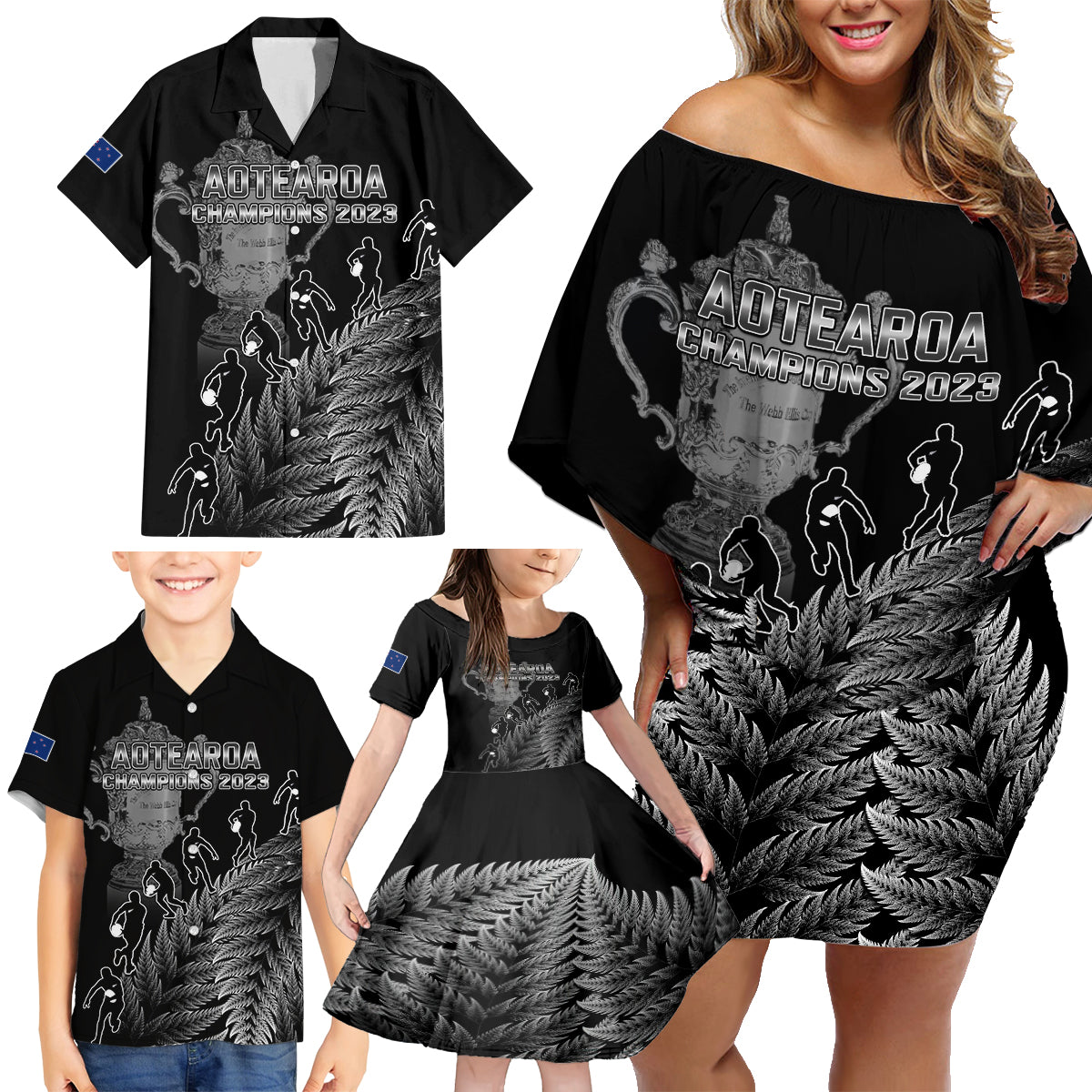 custom-new-zealand-silver-fern-rugby-family-matching-off-shoulder-short-dress-and-hawaiian-shirt-all-black-go-champions-2023-with-trophy-proud