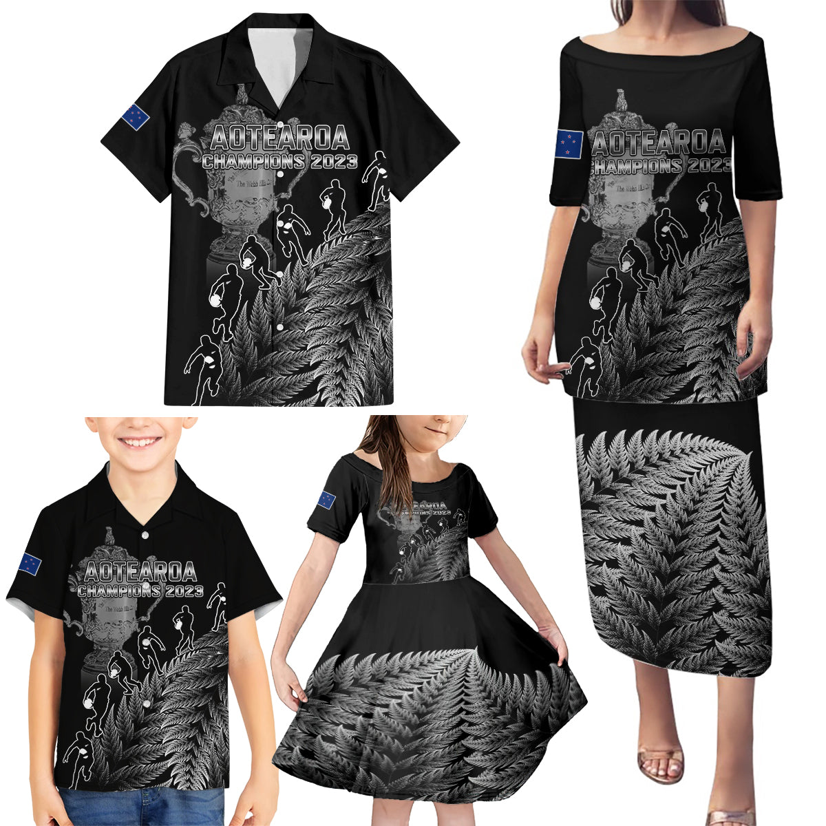 custom-new-zealand-silver-fern-rugby-family-matching-puletasi-dress-and-hawaiian-shirt-all-black-go-champions-2023-with-trophy-proud