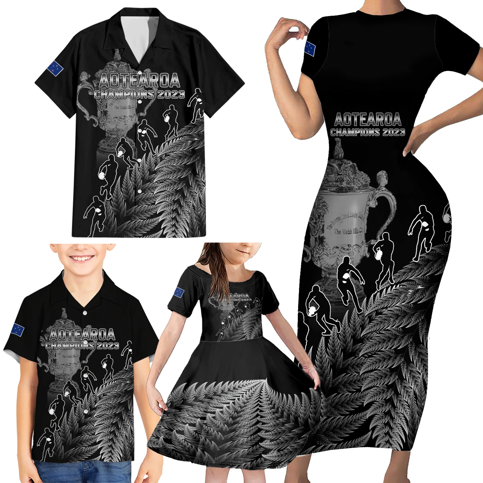 custom-new-zealand-silver-fern-rugby-family-matching-short-sleeve-bodycon-dress-and-hawaiian-shirt-all-black-go-champions-2023-with-trophy-proud